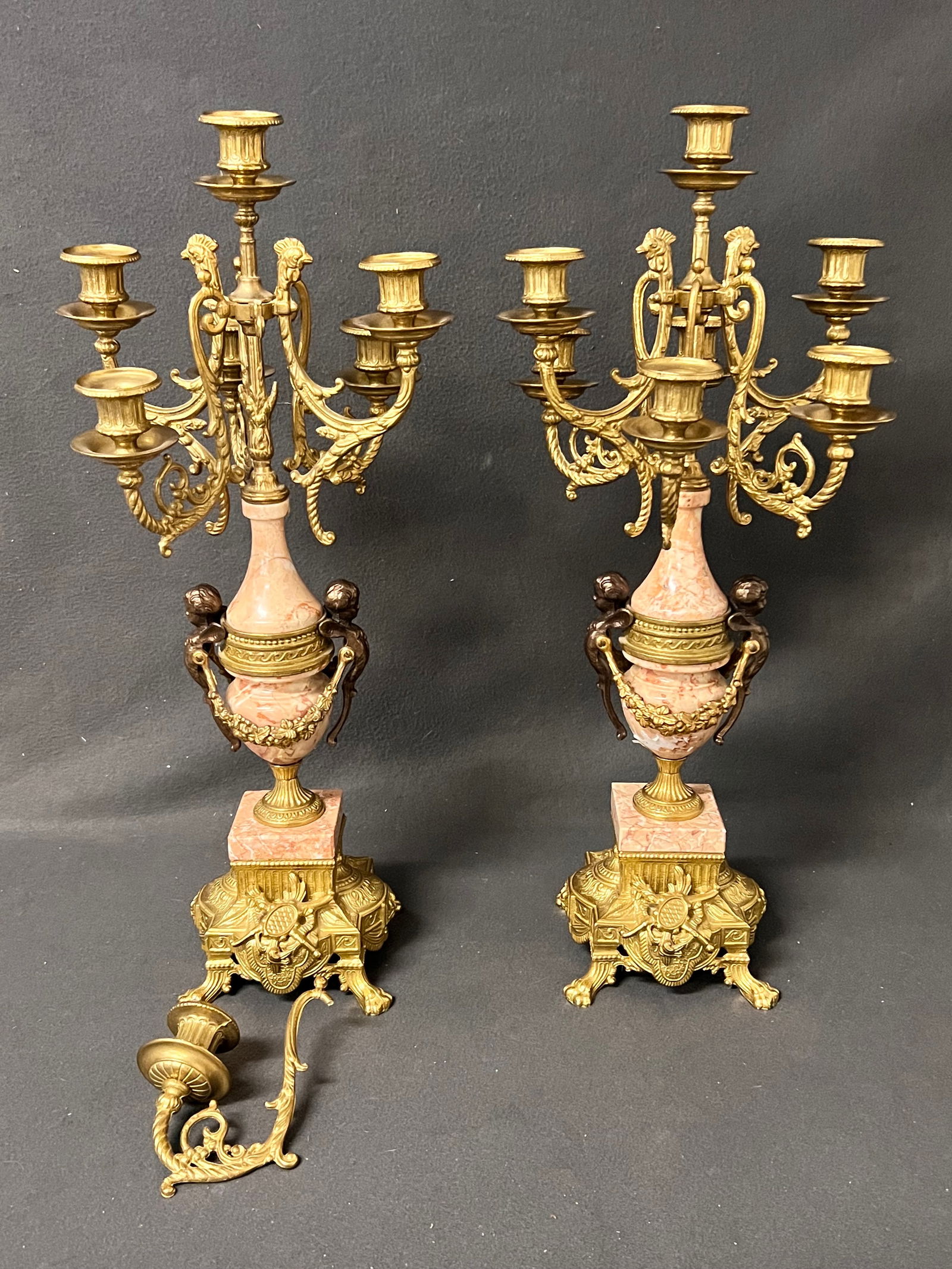 Pr Italian Brevettato Gilt Marble Candelabras - Style of Louis XIV w/ Cherub & Rooster Head Design, (1 of 14)