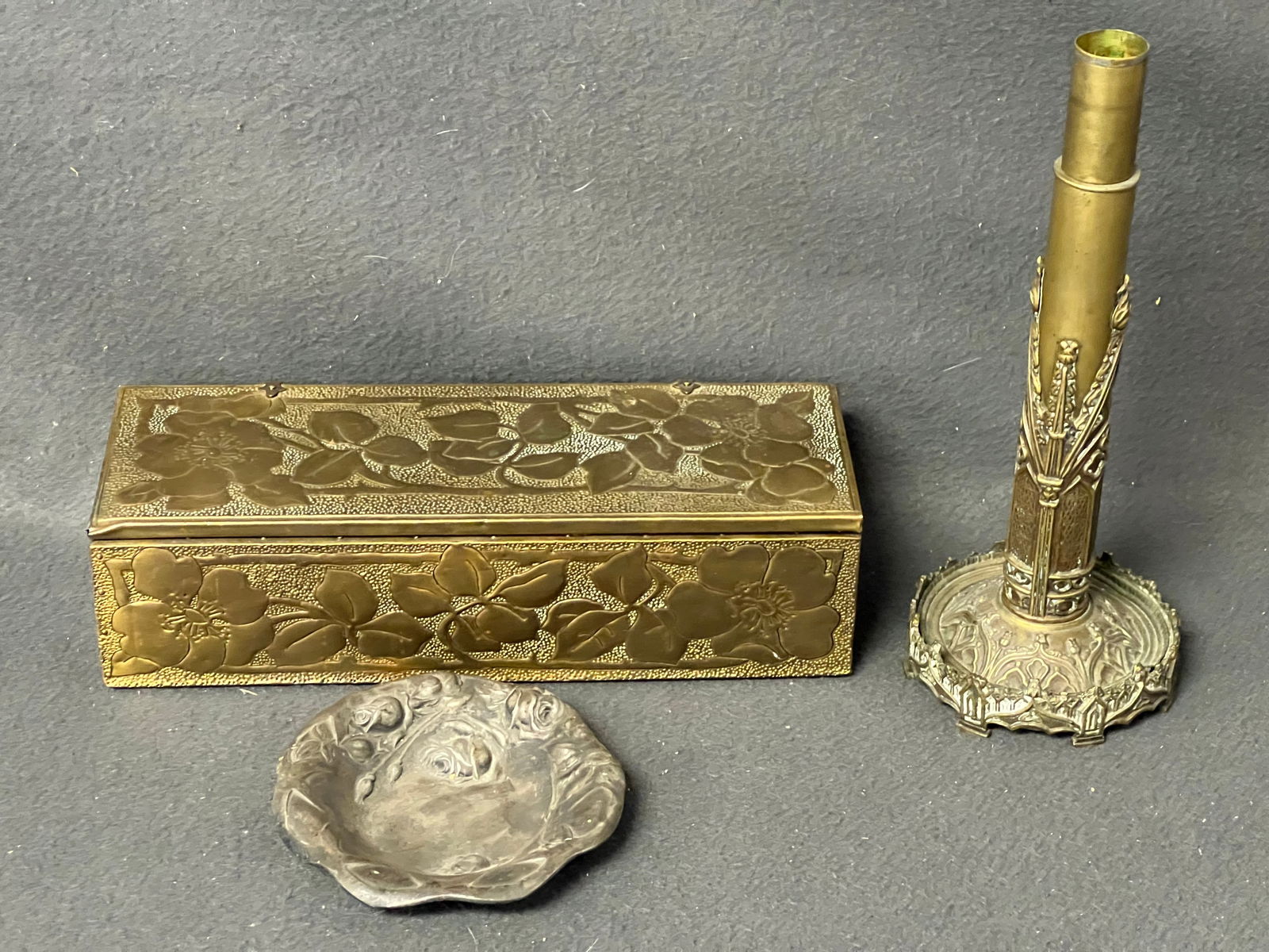 Atq & Art Nouveau T&C Box, JB Tray, More - 1800 Old Stamp Candlestick, 1914 Era T&C Chicago Art: Atq & Art Nouveau T&C Box, JB Tray, More - 1800 Old Stamp Candlestick, 1914 Era T&C Chicago Art Nouveau Embossed Box, JB Art Nouveau Trinket Tray