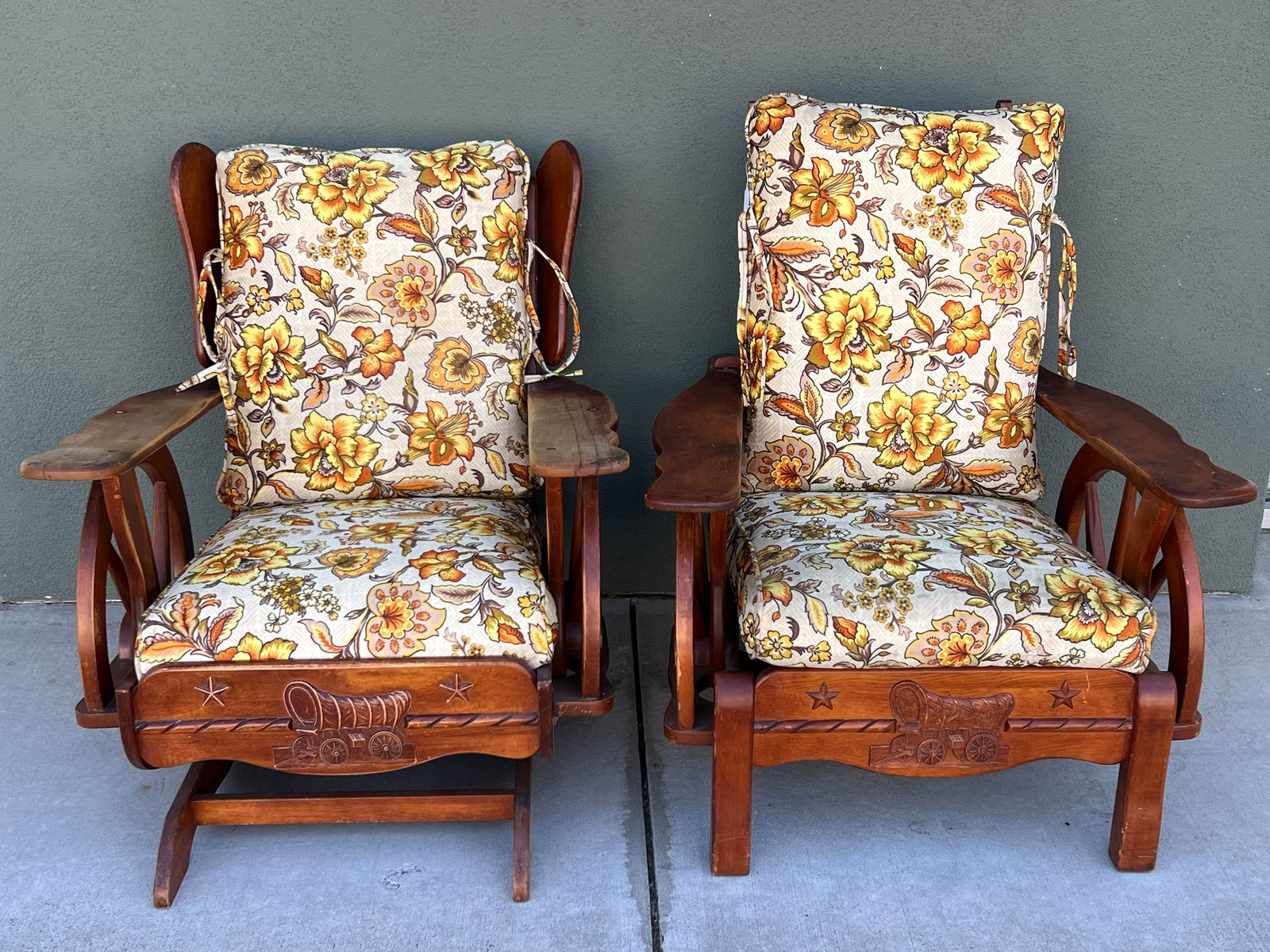 (2)Western 1950s Themed Wagon Wheel Chairs - Carved Covered Wagon on Bases, (1)Platform Rocker + (1 of 8)