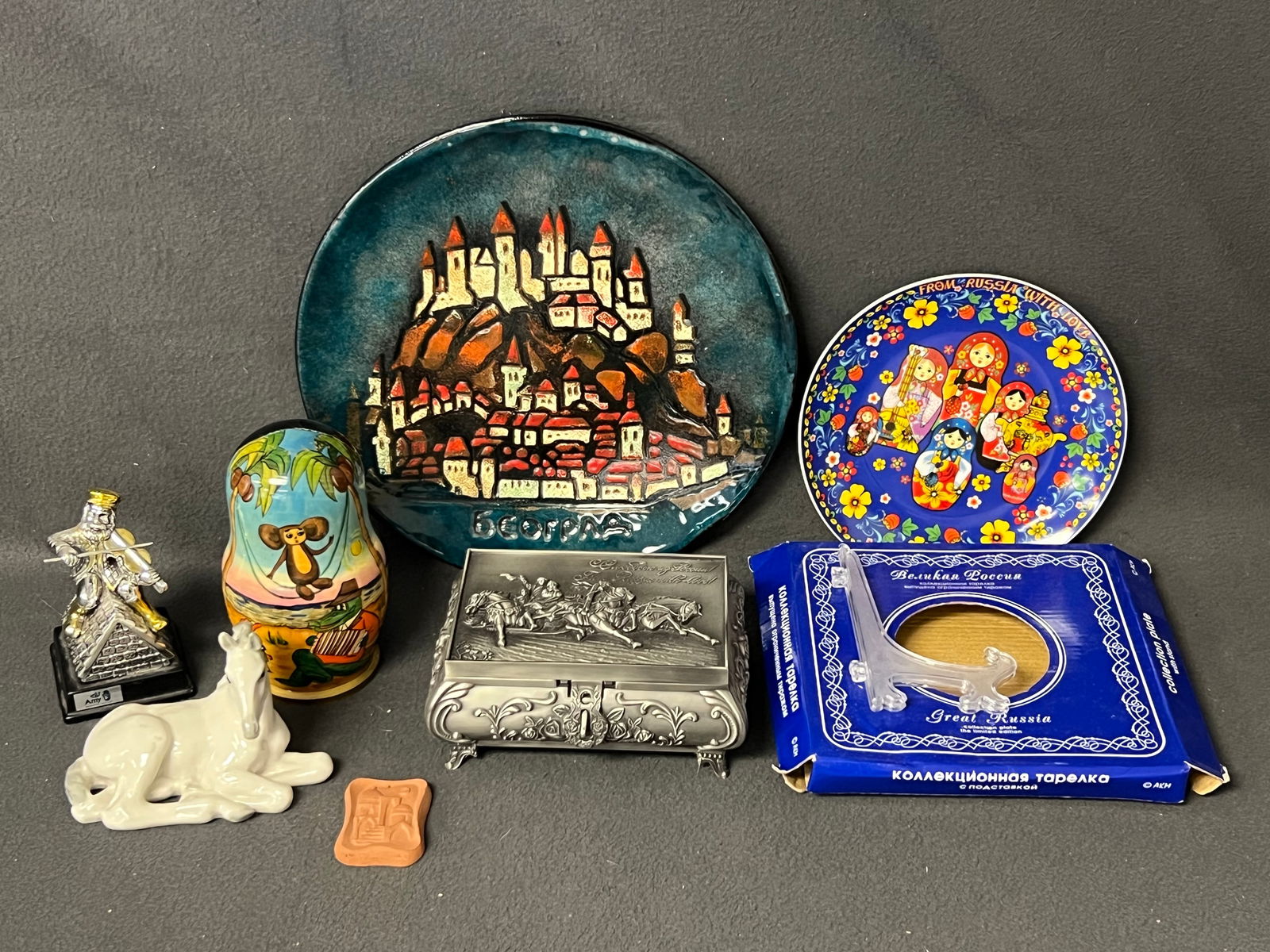 Asst Russian Items- Nesting Doll, Horse,More - .925 Plate Fiddler on Roof Figure, 5pc Nesting Doll,: Asst Russian Items- Nesting Doll, Horse,More - .925 Plate Fiddler on Roof Figure, 5pc Nesting Doll, Music Jewelry Box, Porcelain Horse, Plate