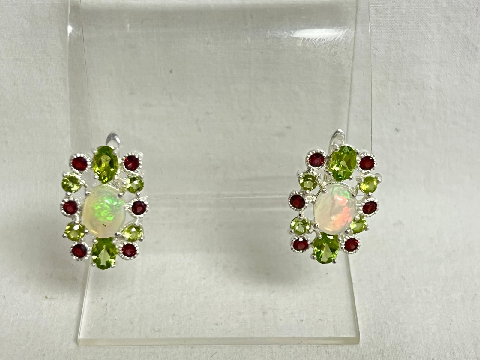 Sterling Earrings w/ Opal, Garnet & Peridot, 3/4''L: Sterling Earrings w/ Opal, Garnet & Peridot, 3/4''L