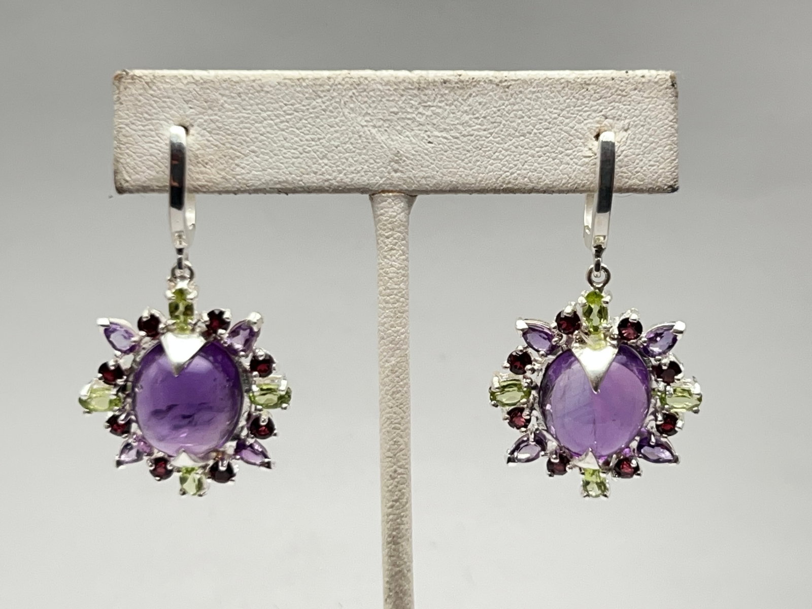 Sterling Earrings w/ 20cts. Gemstones - Natural Amethyst / Peridot / Garnet Earrings - 2'' L: Sterling Earrings w/ 20cts. Gemstones - Natural Amethyst / Peridot / Garnet Earrings - 2'' L