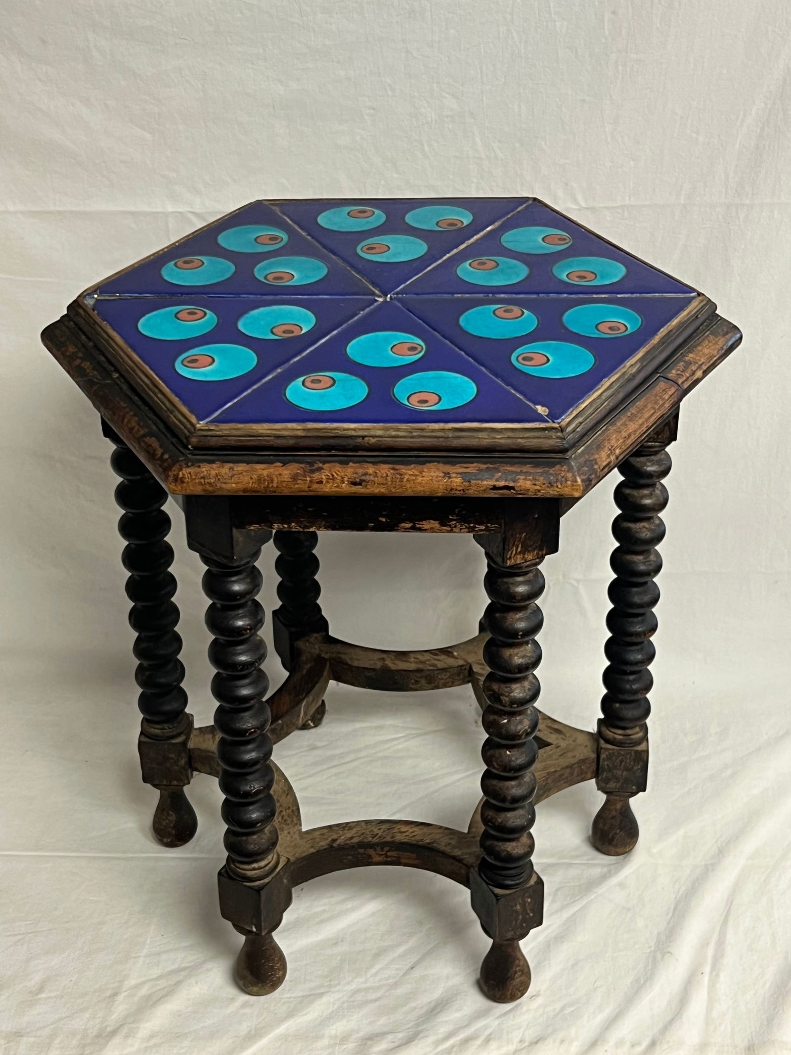 Arts & Crafts Peacock Tile Top Table - 17'' x 15'' x 19'' (Inspect, See Photos) (1 of 8)