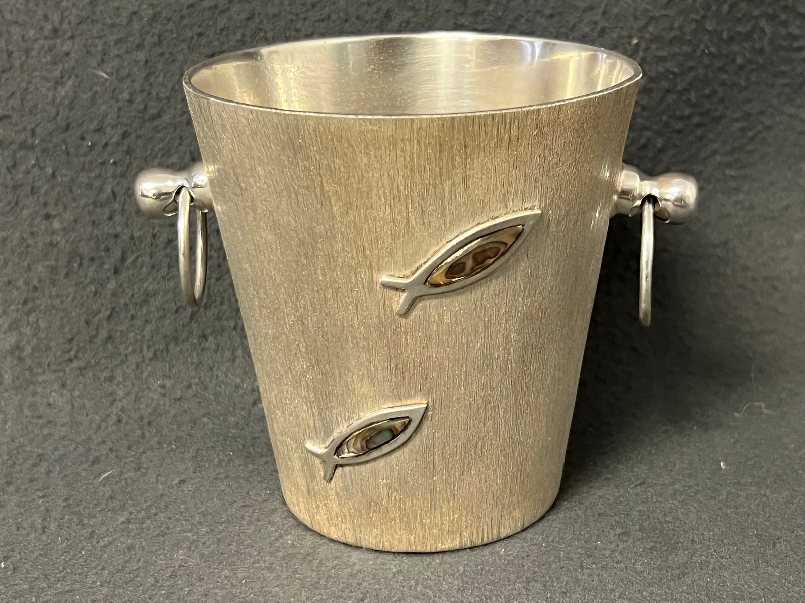 Los Castillo Hallmarked Ice Bucket w/ Abalone - #350 Silver over Copper w/ Abalone Fish Inlay - (1 of 4)