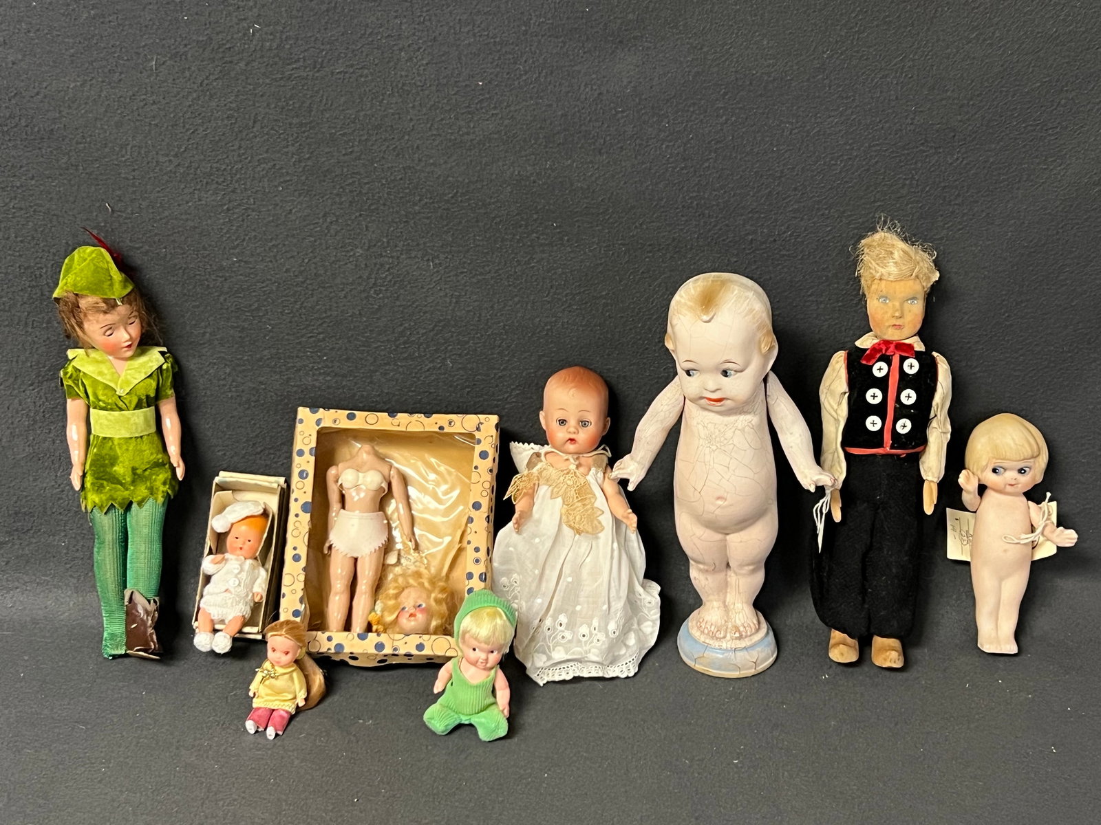 Asst Vintage Dolls- Bisque, Rubber + More - Carved German Wood Boy Doll, Japan Bisque Unieda PeeWee (1 of 7)