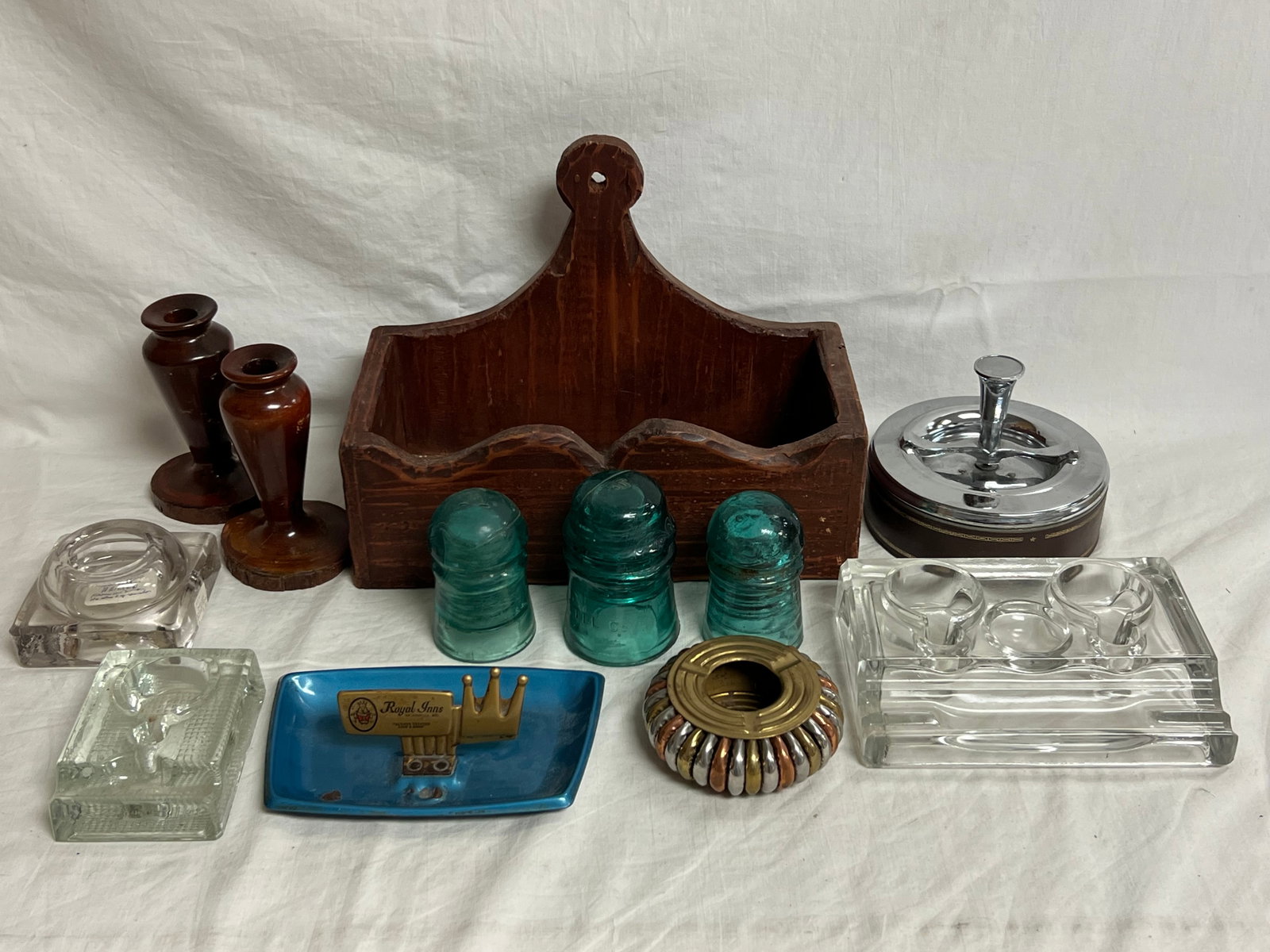 Atq/ Vtg Inkwells, Advertising Ashtray, More - (3)Blue Glass Insulators, (3)Glass Inkwells, Wooden: Atq/ Vtg Inkwells, Advertising Ashtray, More - (3)Blue Glass Insulators, (3)Glass Inkwells, Wooden Wall Box, Royal Inns Ashtray, Redwood Candlesticks + More