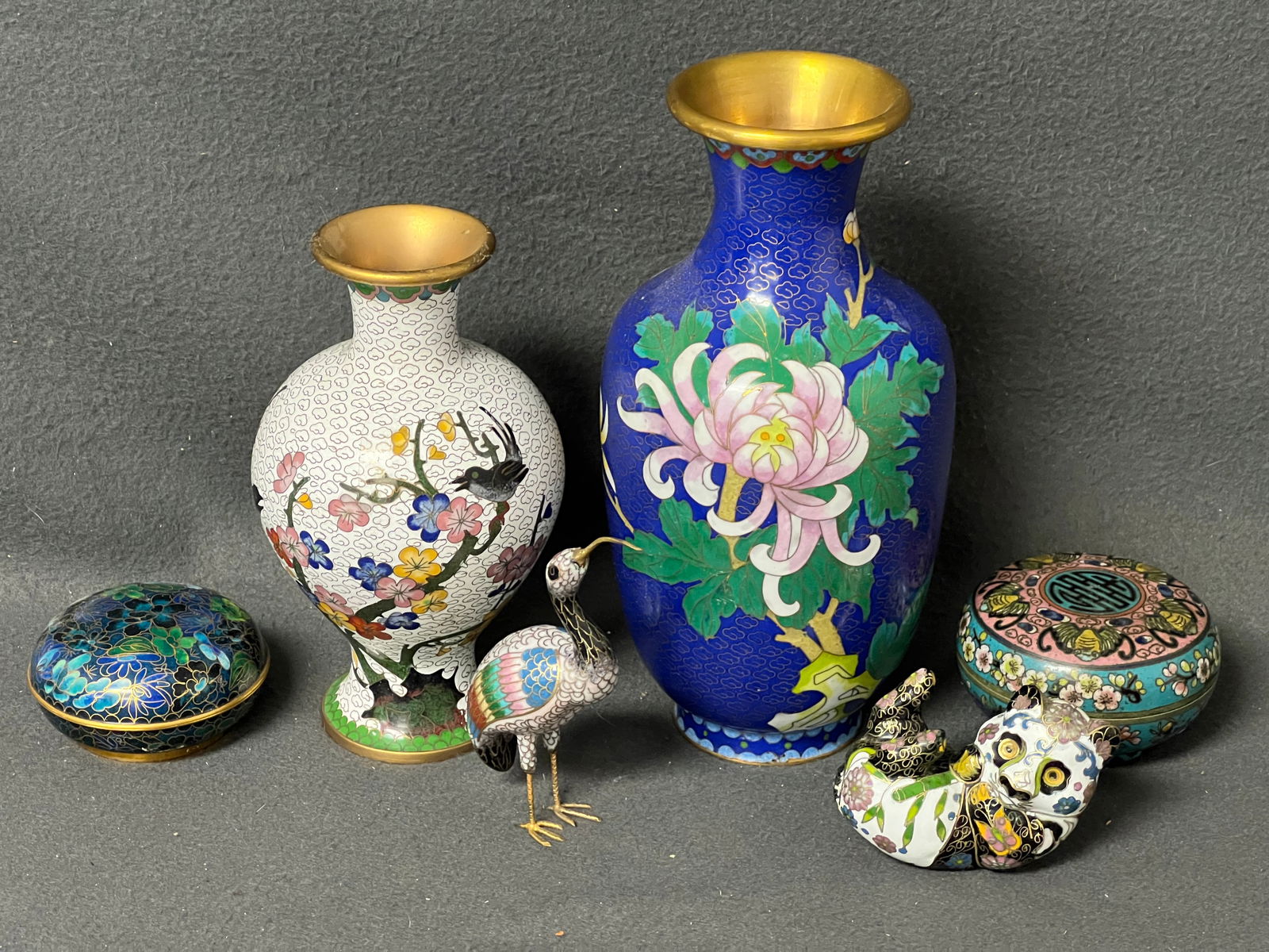 6pc Chinese Cloisonne- Vases, Figures & Boxes- (2)Trinket Boxes, Panda & Bird Figures + (2)Vases (1 of 13)