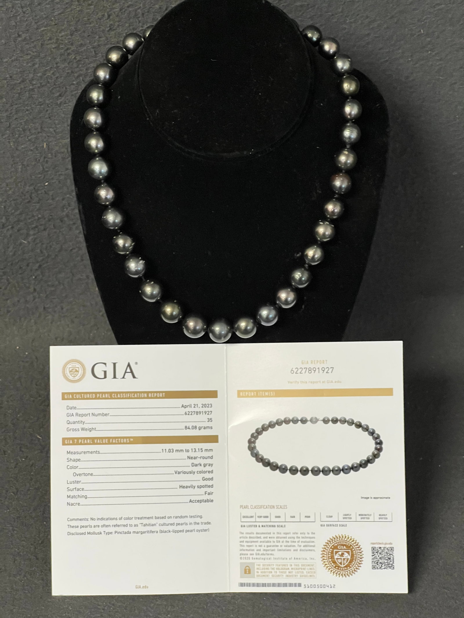 GIA Certified Tahitian Pearl Necklace - 18''L w/ 11.03 to 13.55mm Round Pearls w/ 14K White Gold: GIA Certified Tahitian Pearl Necklace - 18''L w/ 11.03 to 13.55mm Round Pearls w/ 14K White Gold Clasp - 2023 Certificate