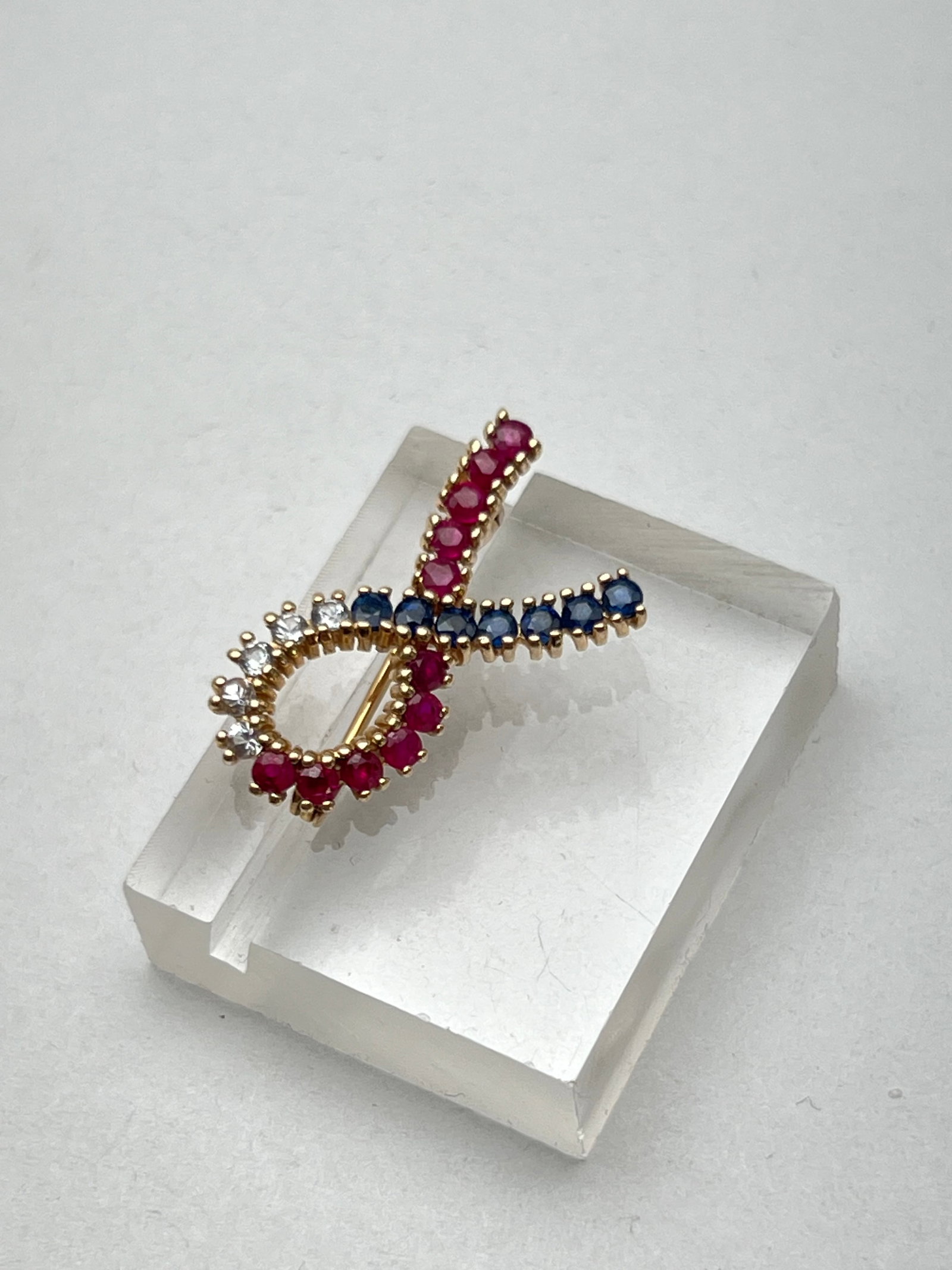 14K Yellow Gold Ruby Sapphire Pin Brooch - White & Blue Sapphires w/ Rubies - 1''L Patriotic Ribbon (1 of 2)