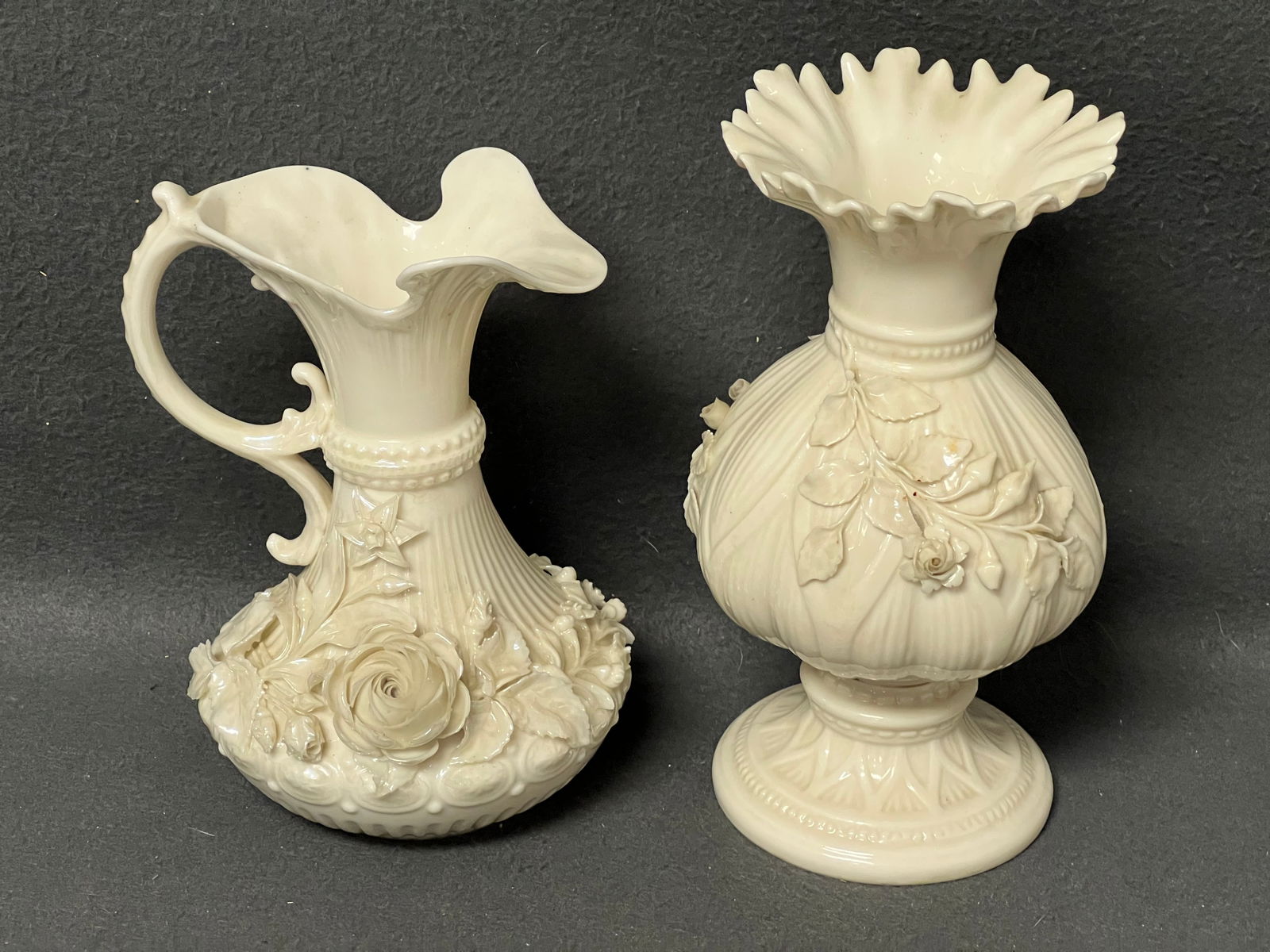 (2)Early Belleek Vases, (1)w/ Aberdeen Black Mark - (1)Aberdeen 1891-1926 7'' Vase + (1)1926-1946 (1 of 7)