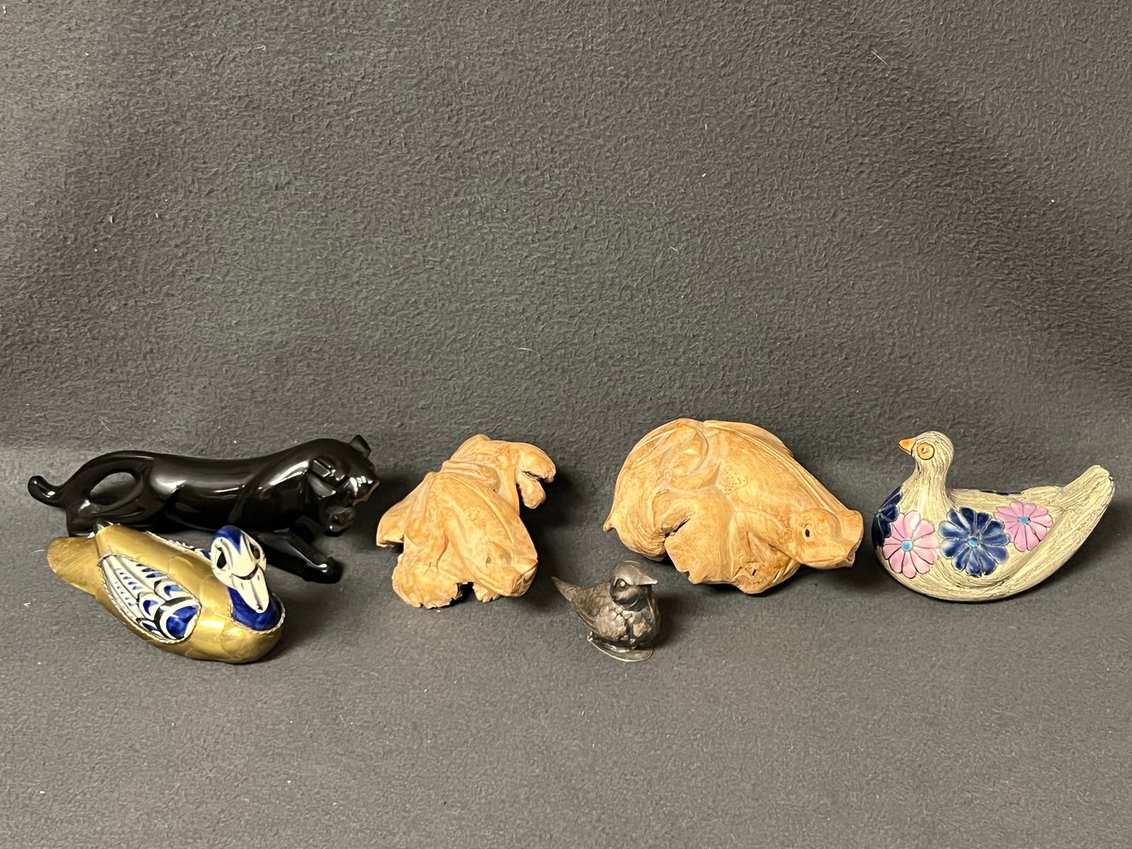 Carved Root Frogs, Eduardo Vega Bird, More - Stone Panther, (2)Carved Folk Art Root Burl Frogs,: Carved Root Frogs, Eduardo Vega Bird, More - Stone Panther, (2)Carved Folk Art Root Burl Frogs, Brass Porcelain Duck + More