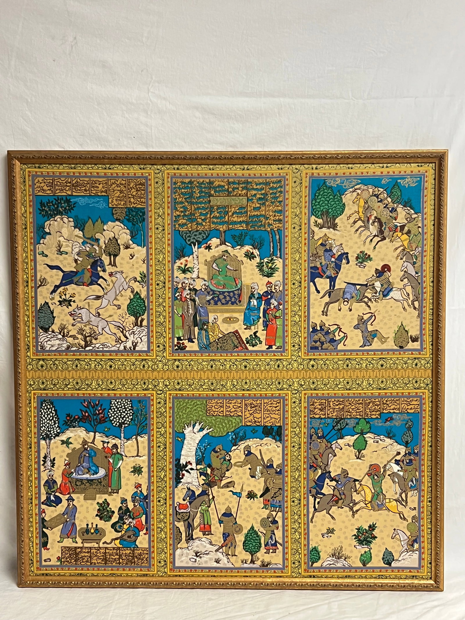 Early? Mughal Illuminated Art on Silk - Framed 26.5'' x 27'': Early? Mughal Illuminated Art on Silk - Framed 26.5'' x 27''