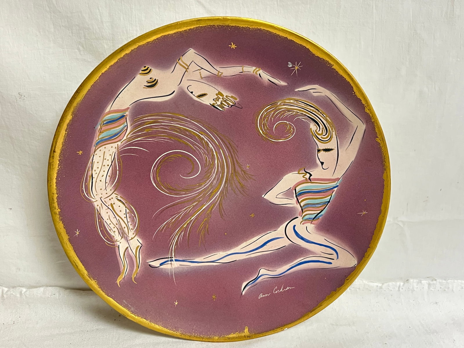 Mid Century Ann Cochran CA Original Plate Signed- Handpainted Signed, 13.75''D (Tiny Chip on Rim) (1 of 3)