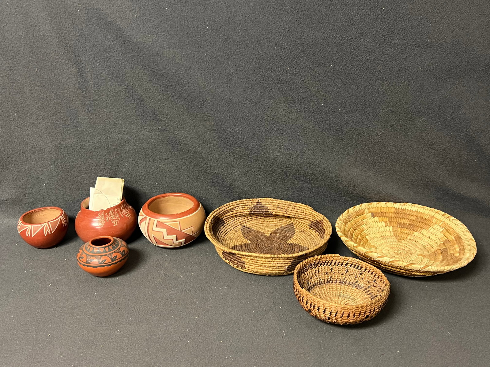 (4)Native American Pottery, (3)Baskets - 3 Signed Pottery Pcs by Various Tribes - Earthware Signed (1 of 1)