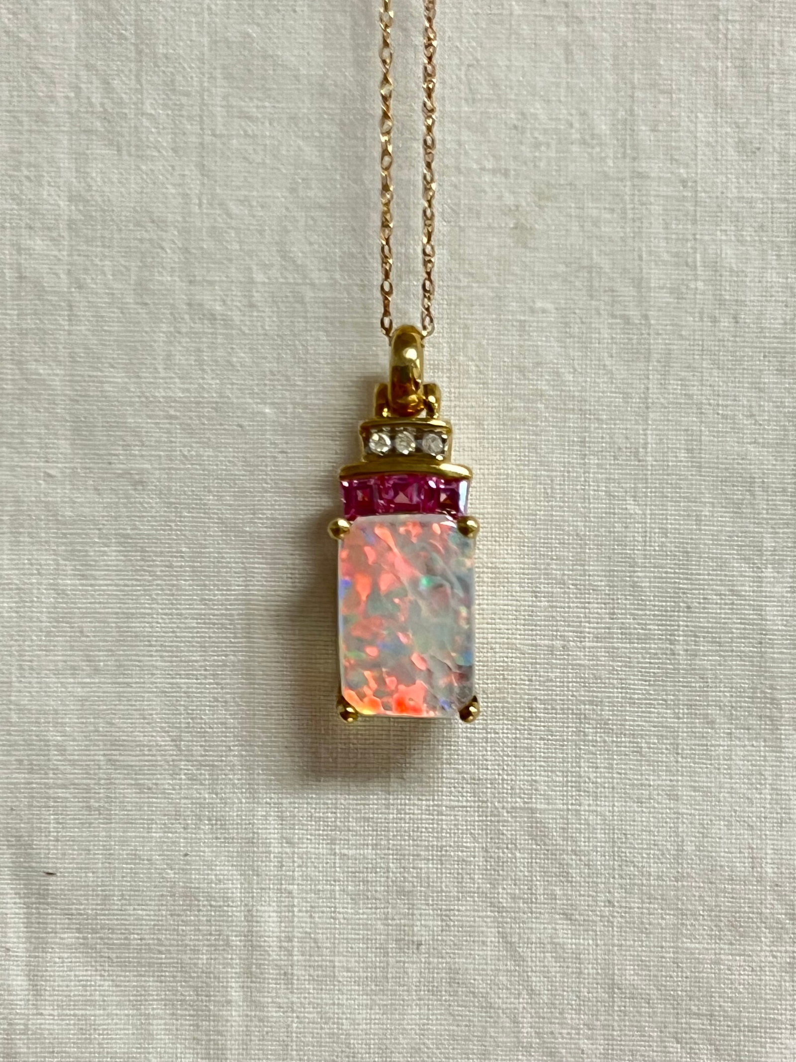 10K Gold Sapphire Diamond Opal Necklace 18''L - 10K Gold Chain w/ Pendant , New w/ Tag (1 of 9)