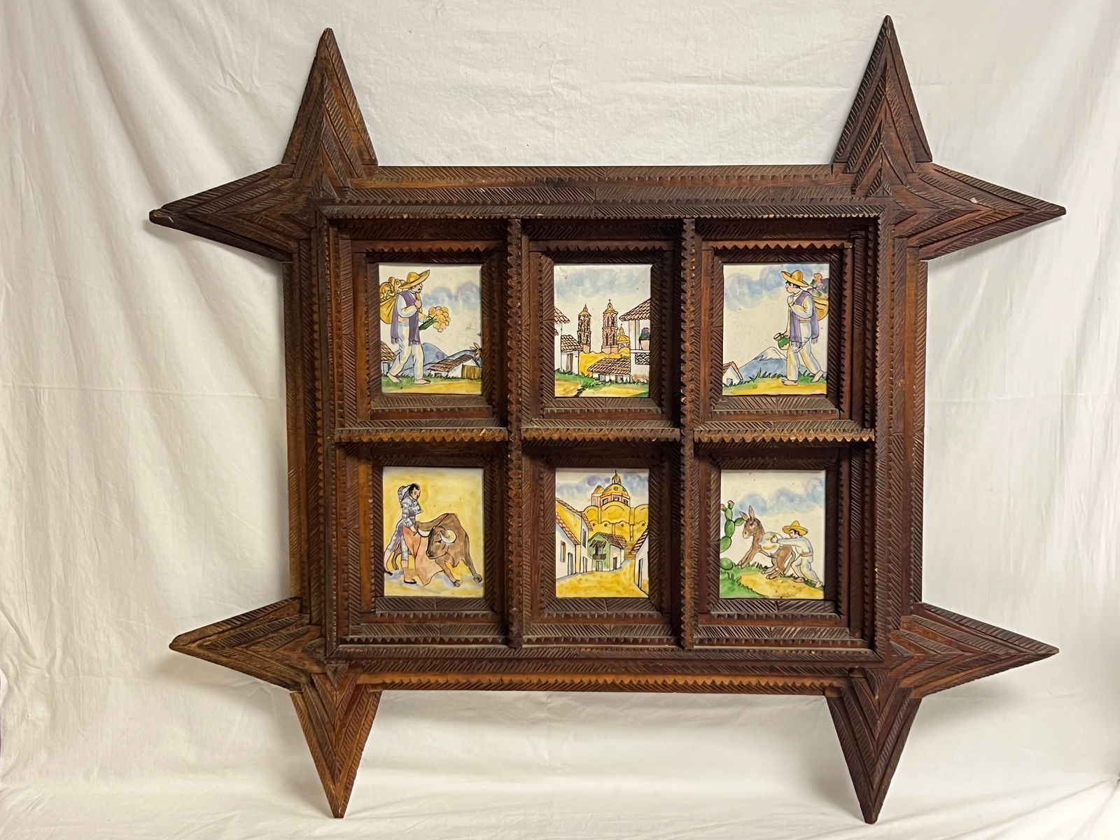Vtg Tramp Art Frame w/ (6)Painted Mexican Tiles - Frame 37.5'' x 33'' (1 of 4)