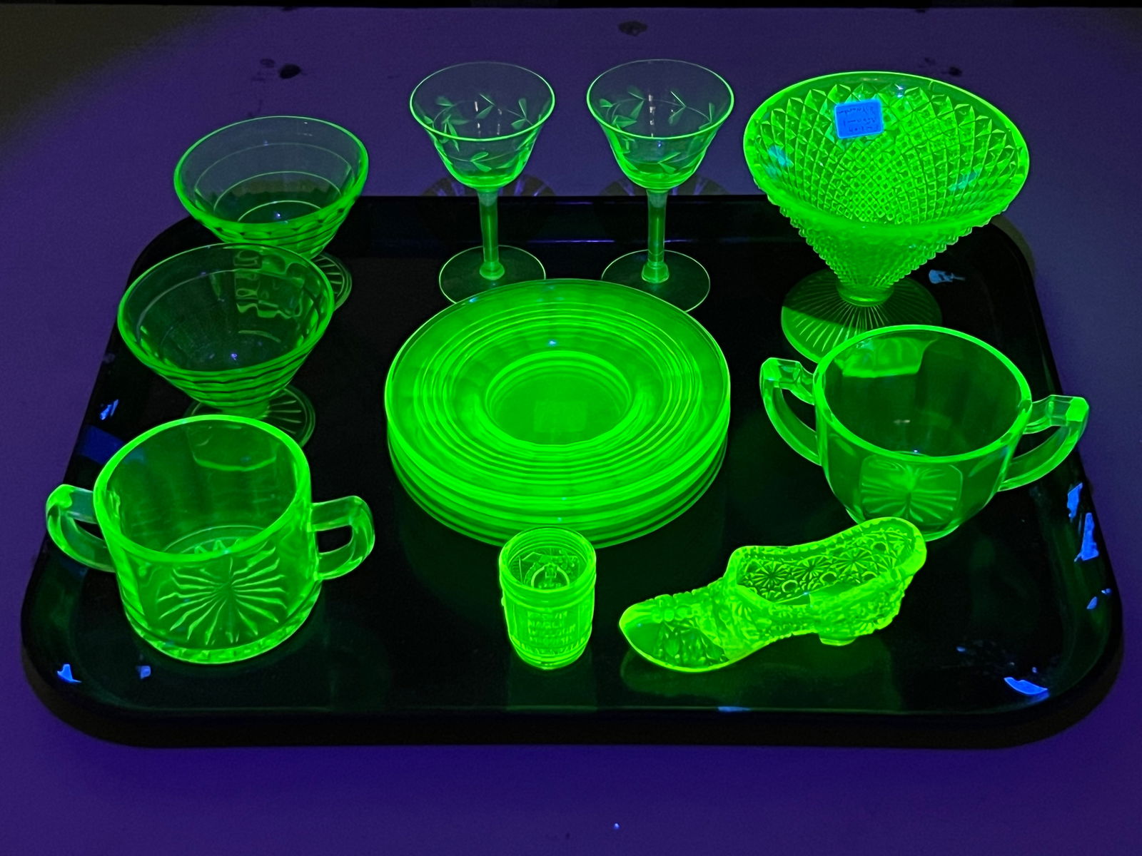 15pcs Vaseline Uranium Glass - Shoe Toothpick Holder, Sherbets, Compote, Stemware & More (1 of 5)