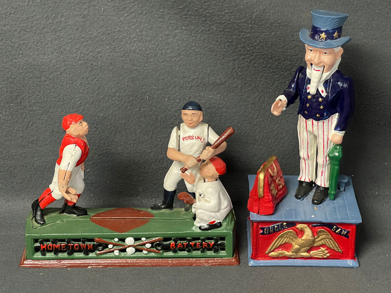 (2)Cast Iron Vtg Banks-Baseball & Uncle Sam - Cast Iron Mechanical Banks (1 of 4)