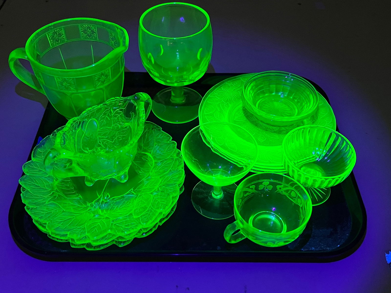 16pcs Vaseline Uranium Glass - Pitcher, Plates, Sugar, Goblet & More (1 of 5)
