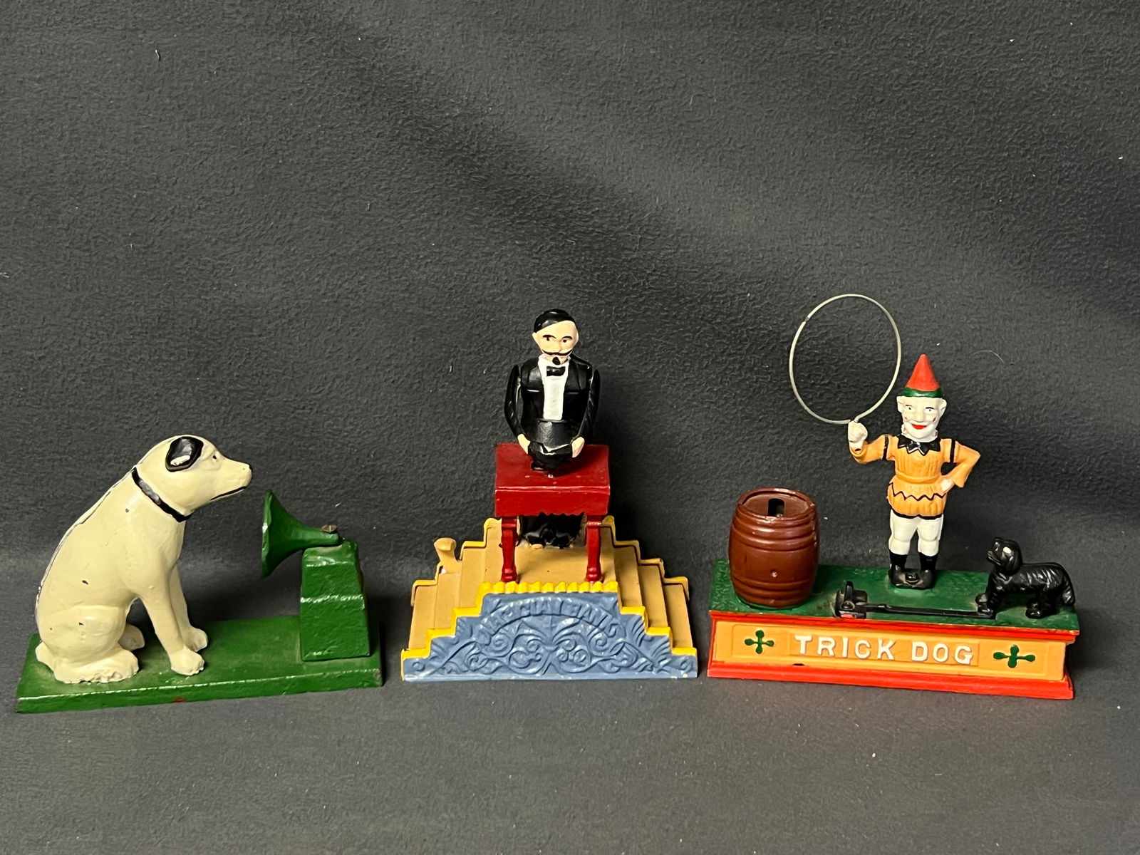 (3)Cast Iron Mechanical Banks - Trick Dog, Victorola Dog, Magician (1 of 8)