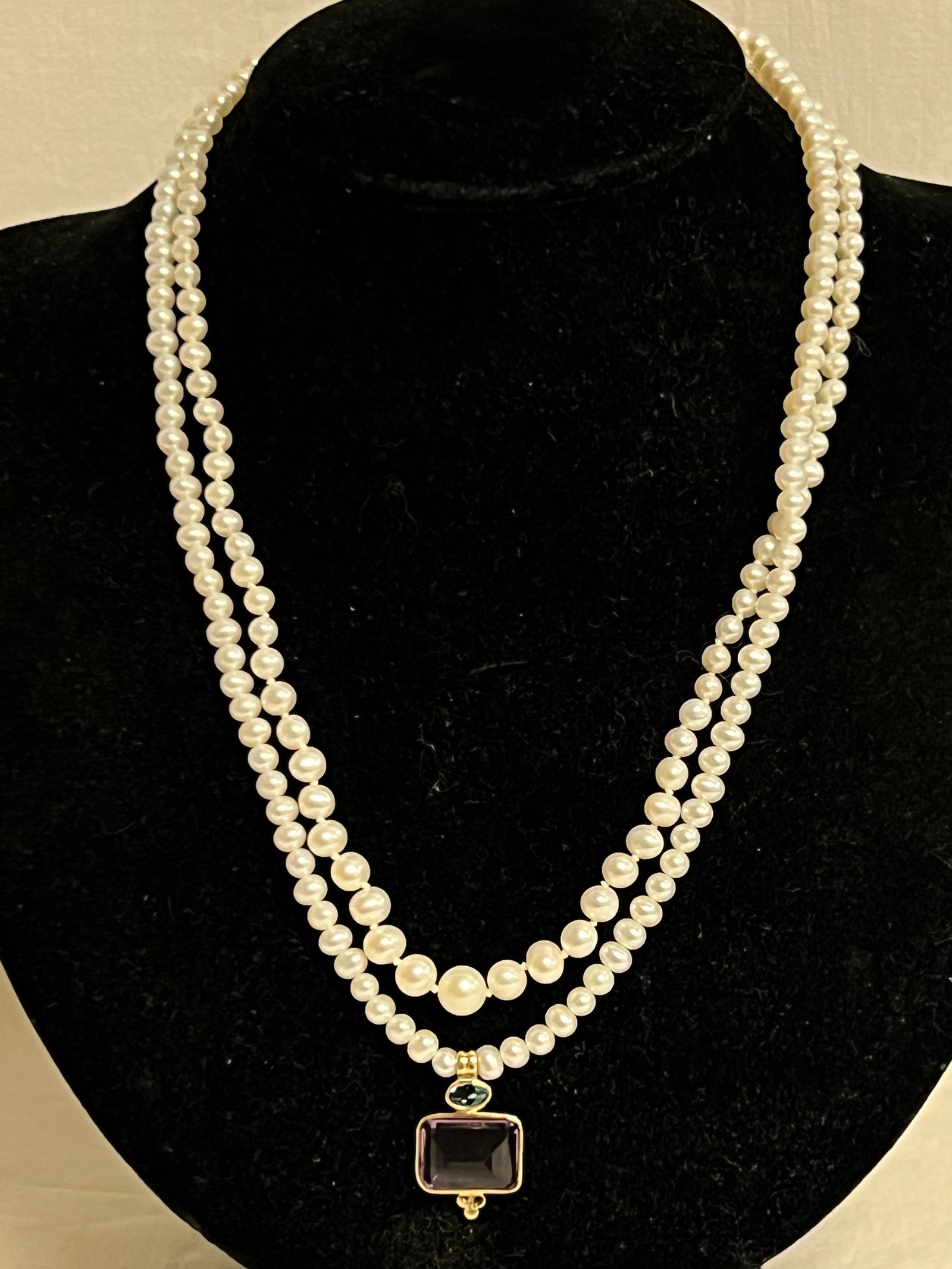 (2)Pearl Necklaces w/ 14K Gold , (1)Has Gem - Pearls w/ Amethyst Topaz Gemstones 18''L + 16''L (1 of 5)