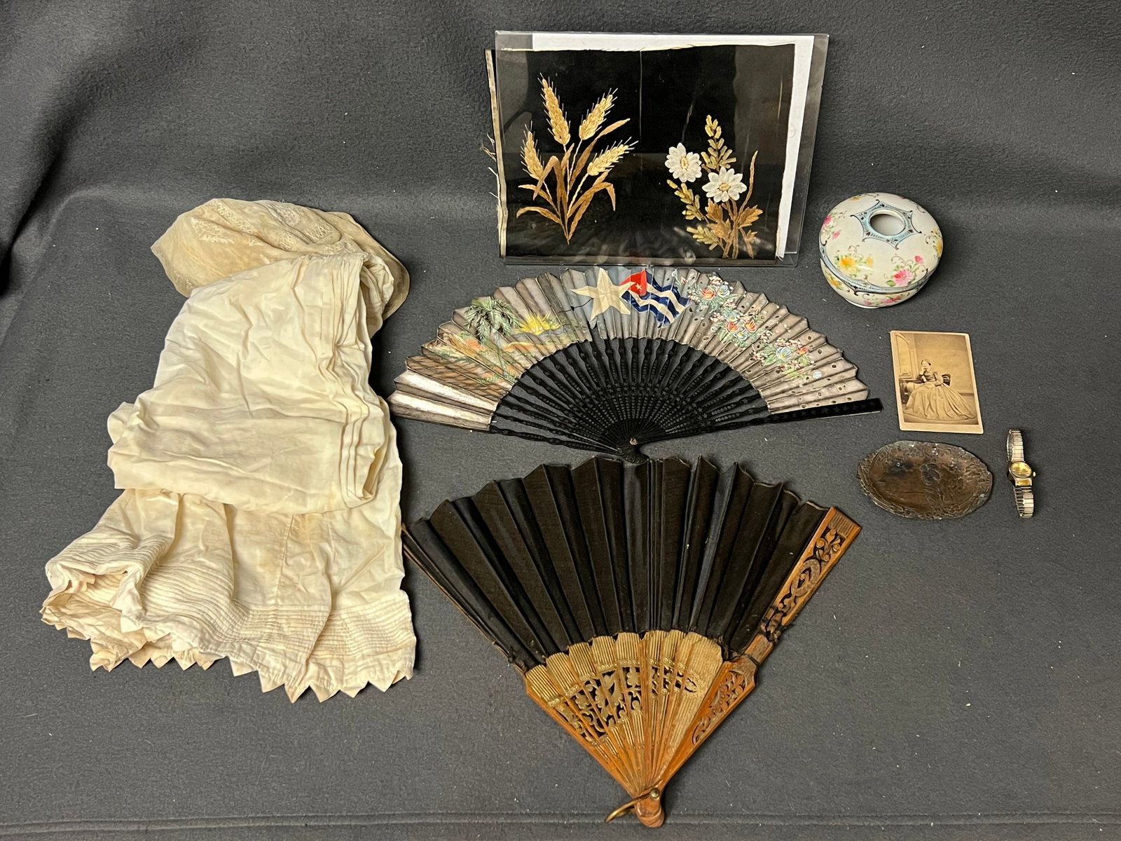 1880s Needlepoint, Hair Jar, Atq Dress,Fans,More - Needlepoint Part of Patchwork Quilt by Lenora: 1880s Needlepoint, Hair Jar, Atq Dress,Fans,More - Needlepoint Part of Patchwork Quilt by Lenora Ladd Bissel (Now in Erie County NY Museum) , Atq Christening Gown & Cap, (2)Atq Hand Fans, Photo + More