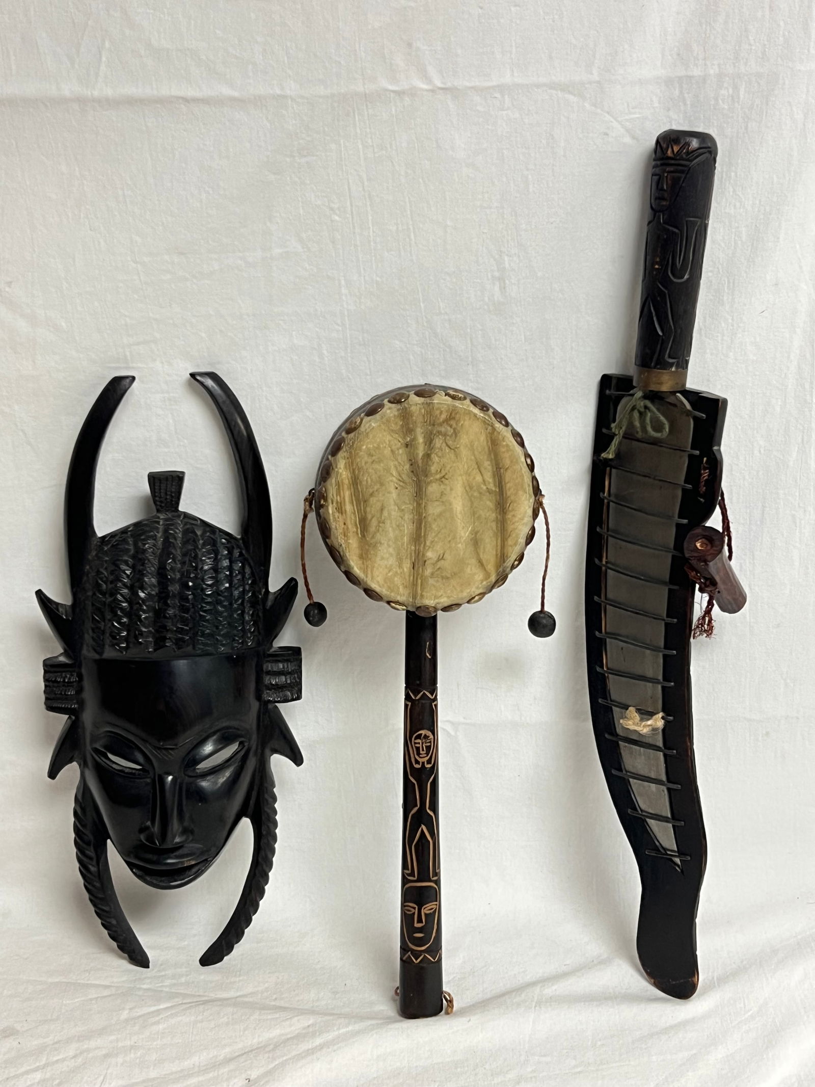 Vtg African Tribal Knife, Instrument, Mask - Tribal Knife w/ Carved Scabbard 14''L Overall w/ 9.5''L (1 of 8)