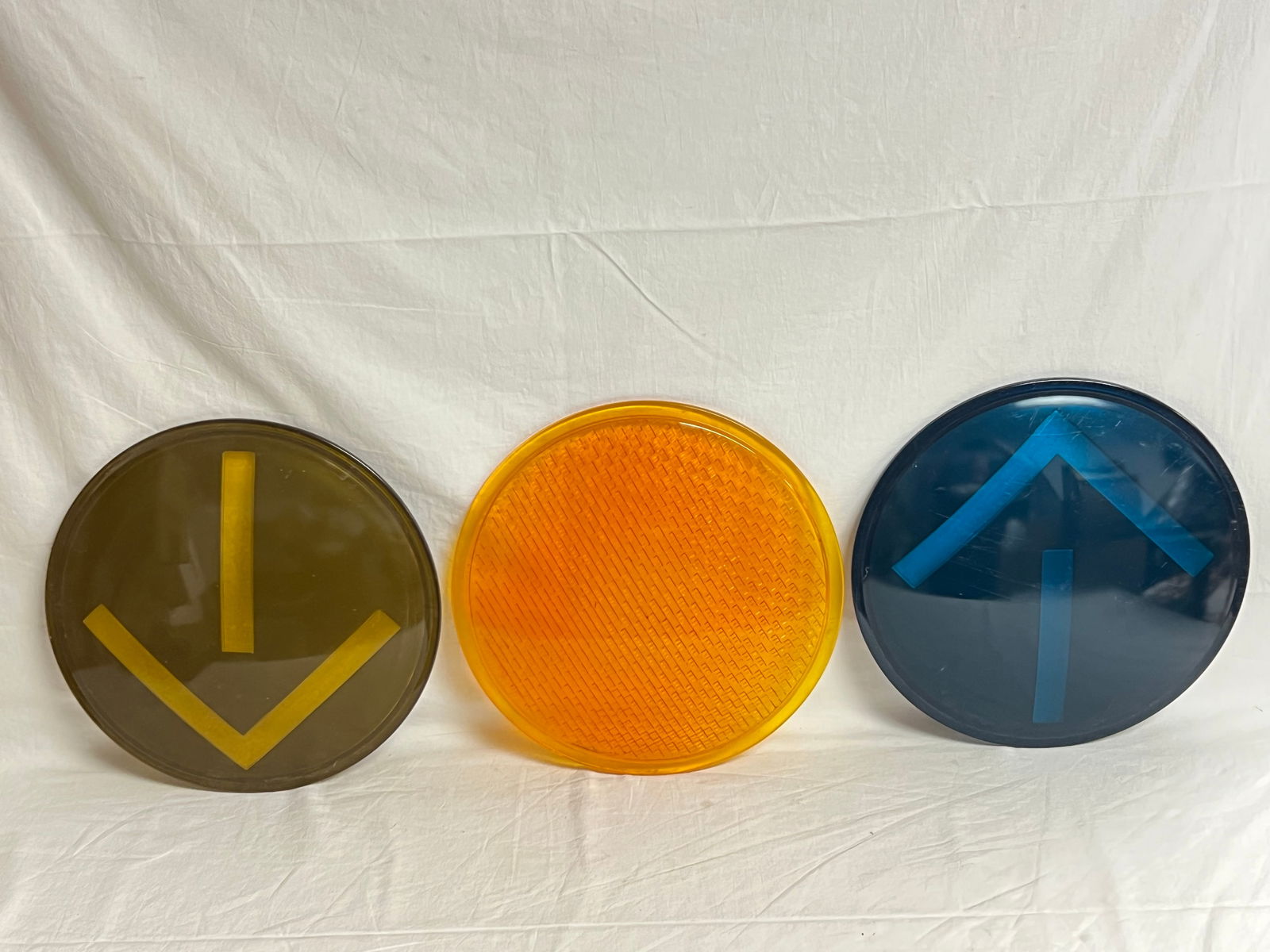 (3)Vintage Kopp Glass Traffic Light Lenses - Blue + Yellow Arrows, (1) Blank - All 12'' (1 of 2)