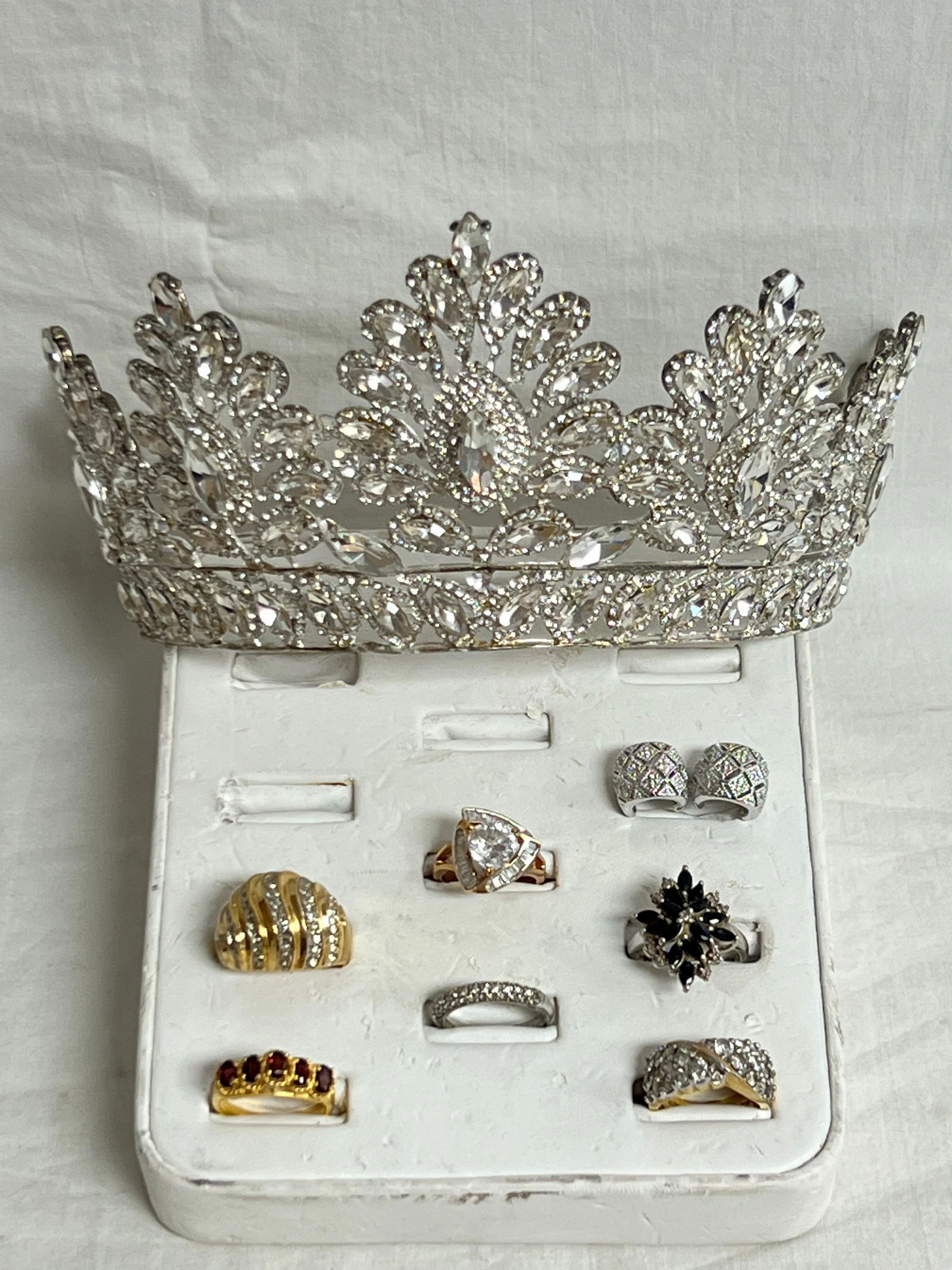 Sterling & Costume Rings w/ Tiara,Earrings - (6)Rings Sz 7, Pierced Earrings + Tiara (1 of 5)