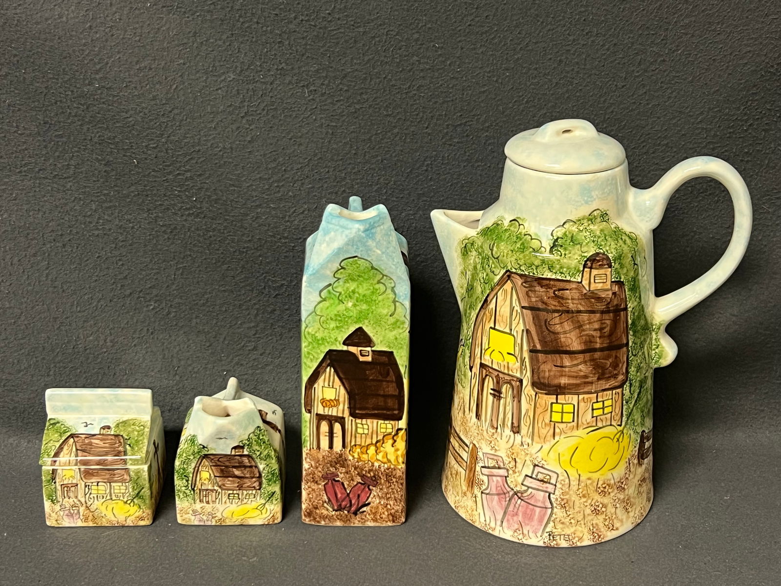 Signed ''Country Morning'' 4pc Pottery Set - Pitchers, Creamer, Sugar (1 of 10)