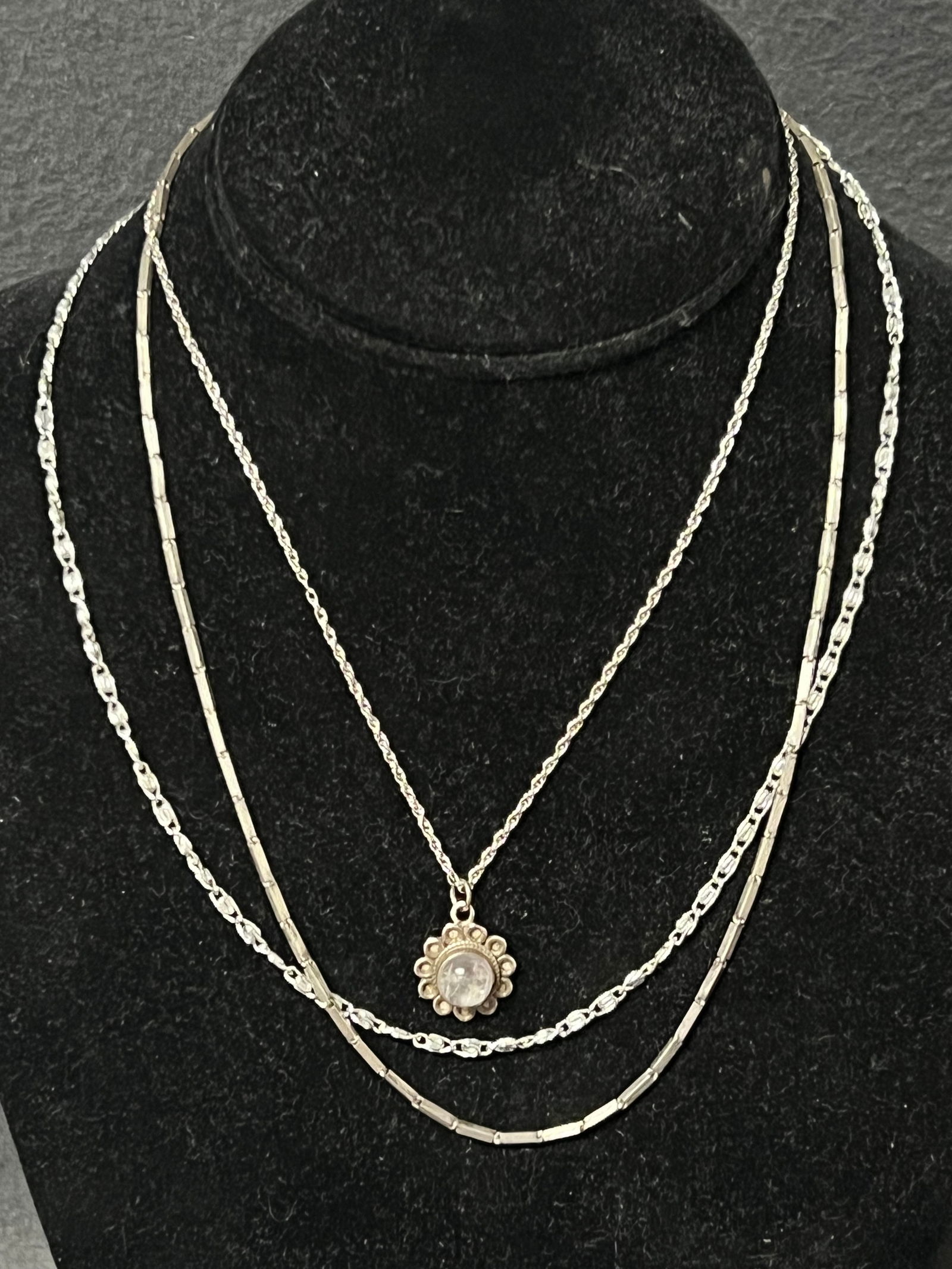 (3)Vtg Sterling Silver Necklaces 15''-18''L - (1)15''L Necklace w/ Moonstone Pendant, (2)18''L (1 of 3)