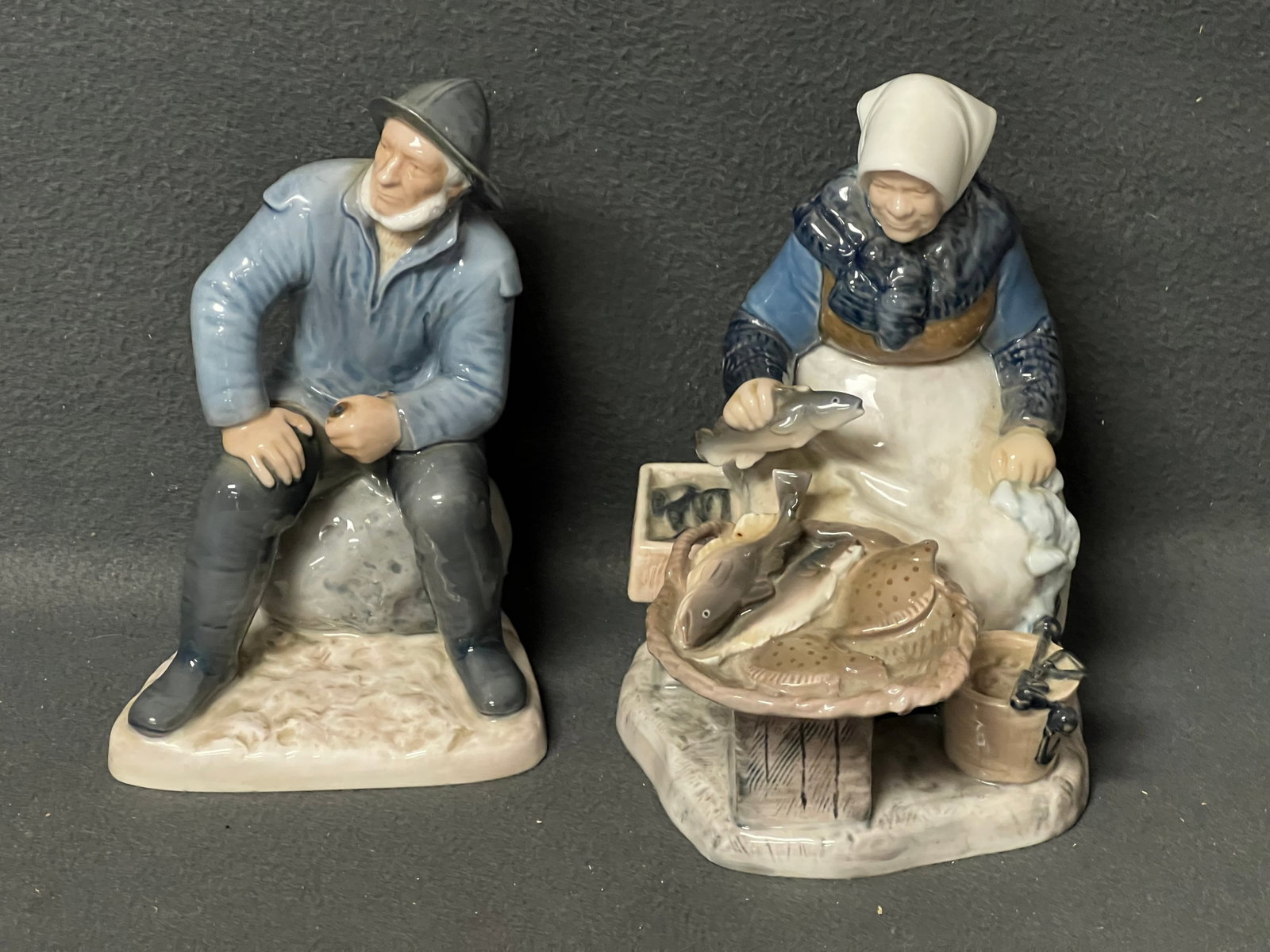 Pr Danish Bing & Grondahl Fisherman Figures - Fisherman 8.5''T #2370 , Fisherman's Wife 8''T # 2233: Pr Danish Bing & Grondahl Fisherman Figures - Fisherman 8.5''T #2370 , Fisherman's Wife 8''T # 2233