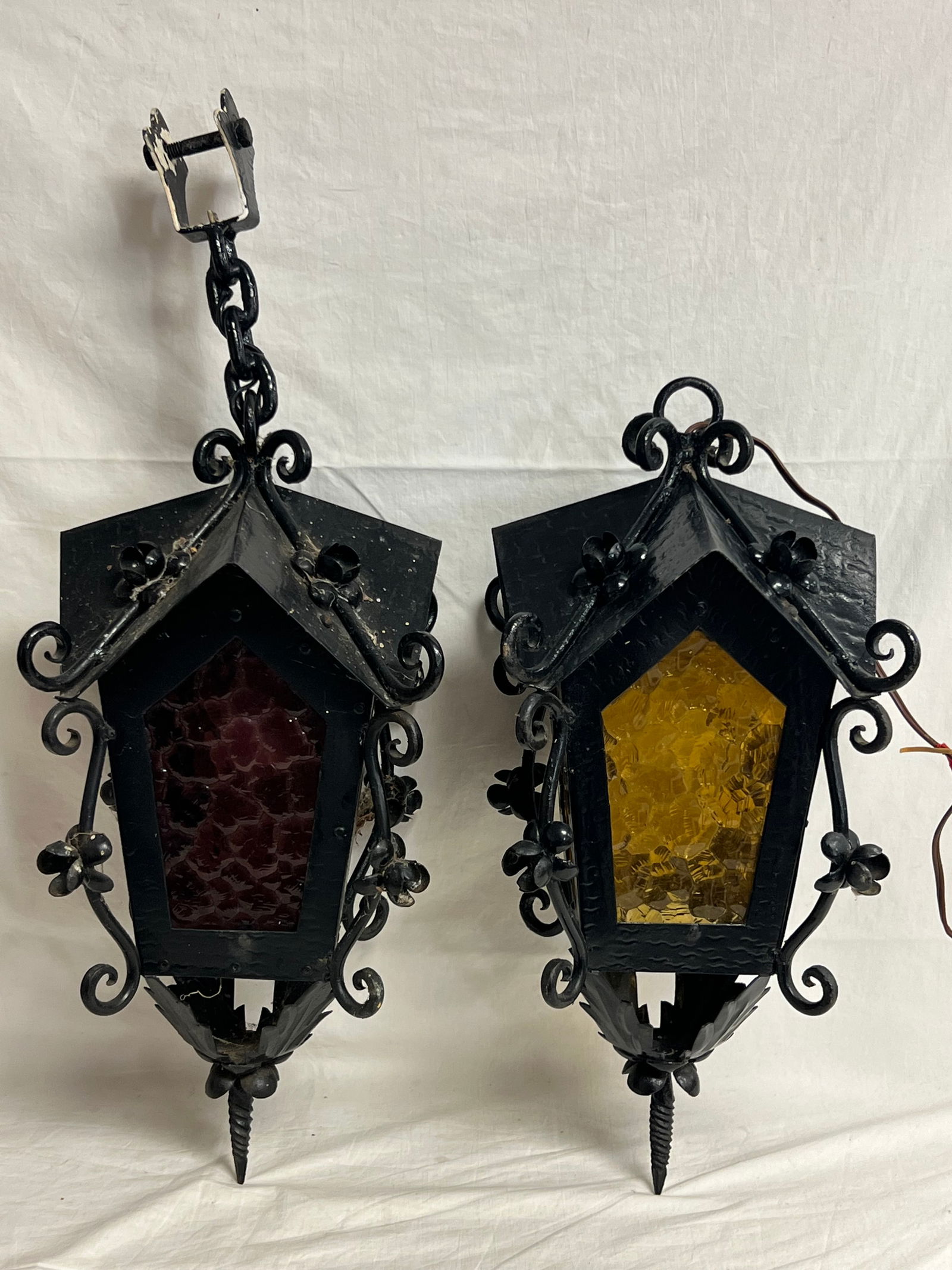 (2)Vtg Wrought Iron Outdoor Lights w/ Glass - 20''T x 8.5'' Across (1 of 7)