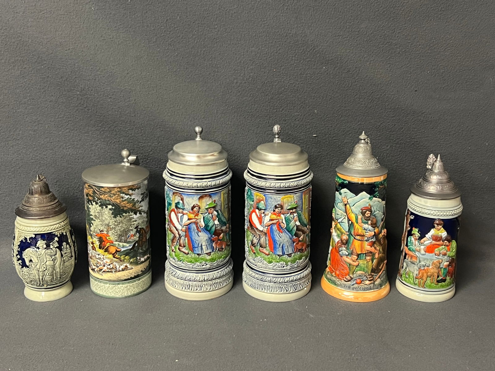 (6)Asst Vtg German Beer Steins 7.5''T - 10.5''T - Various Designs + Sizes (1 of 11)