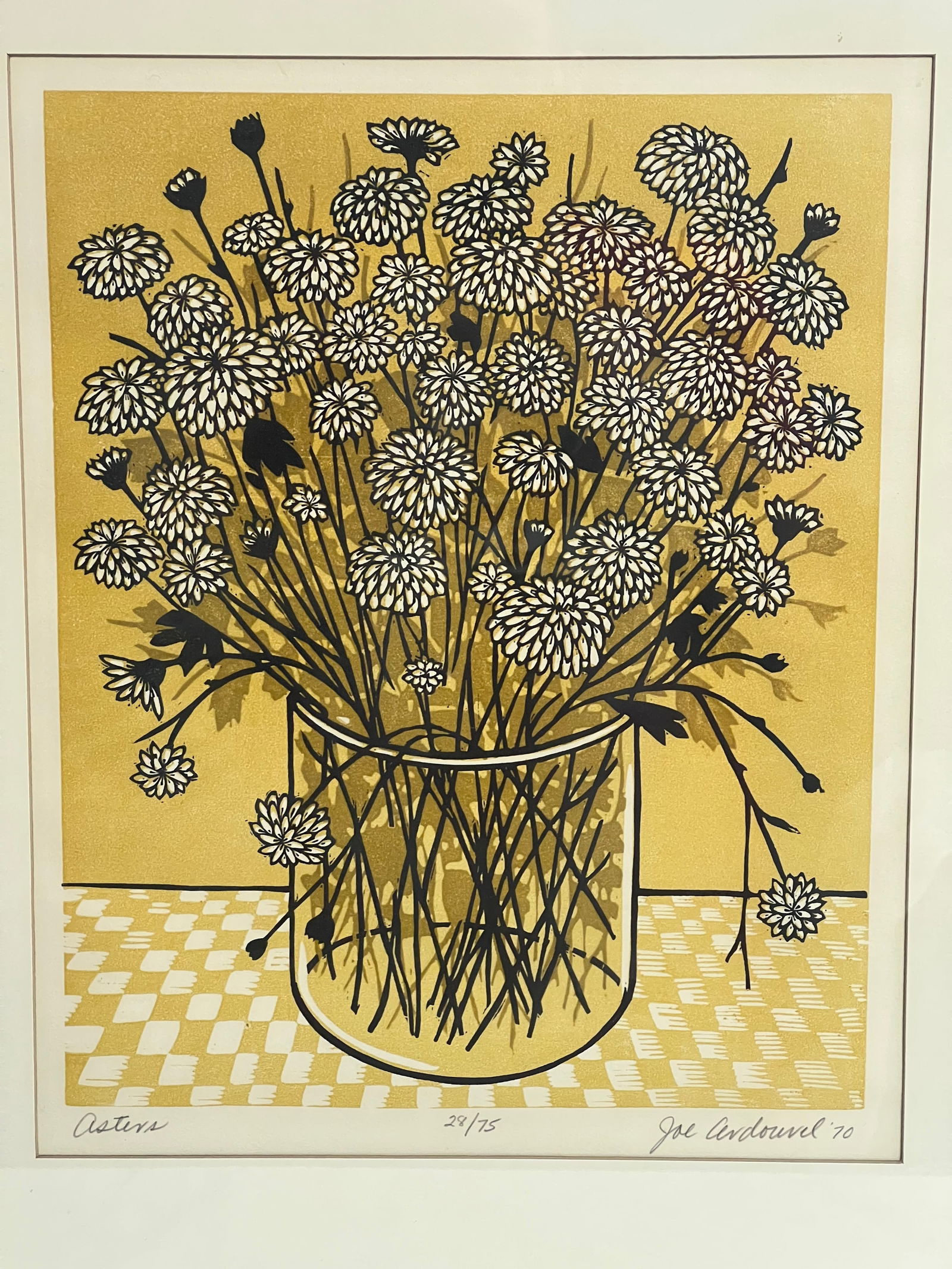 Joe Ardourel Signed 1970 WoodCut ''Asters'' #28/75 - (1931-2015) Framed 21'' x 25.5'' (1 of 4)