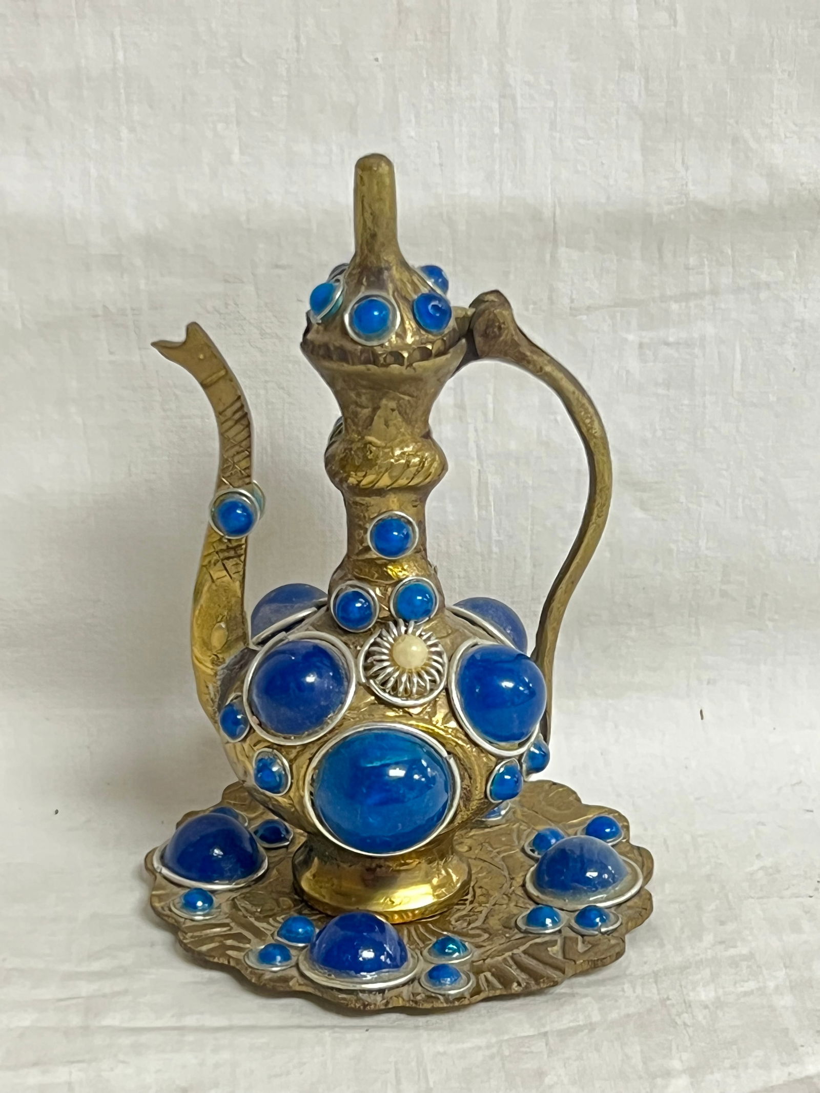 Miniature Turkish Brass Ewer w/ Tray - Tray 3'' Diameter , Ewer 4''T (1 of 4)