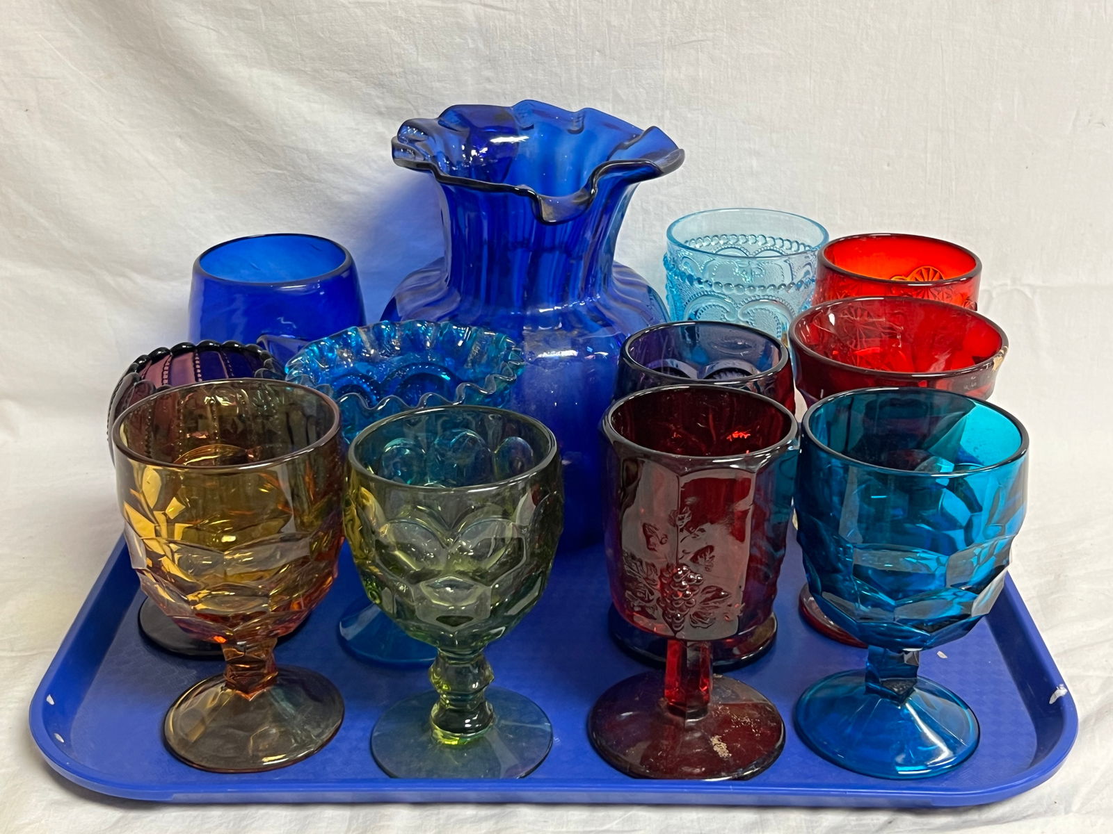 12pcs Vtg Color Glass Goblets + Pitcher - Various Colors, Shapes & Styles: 12pcs Vtg Color Glass Goblets + Pitcher - Various Colors, Shapes & Styles
