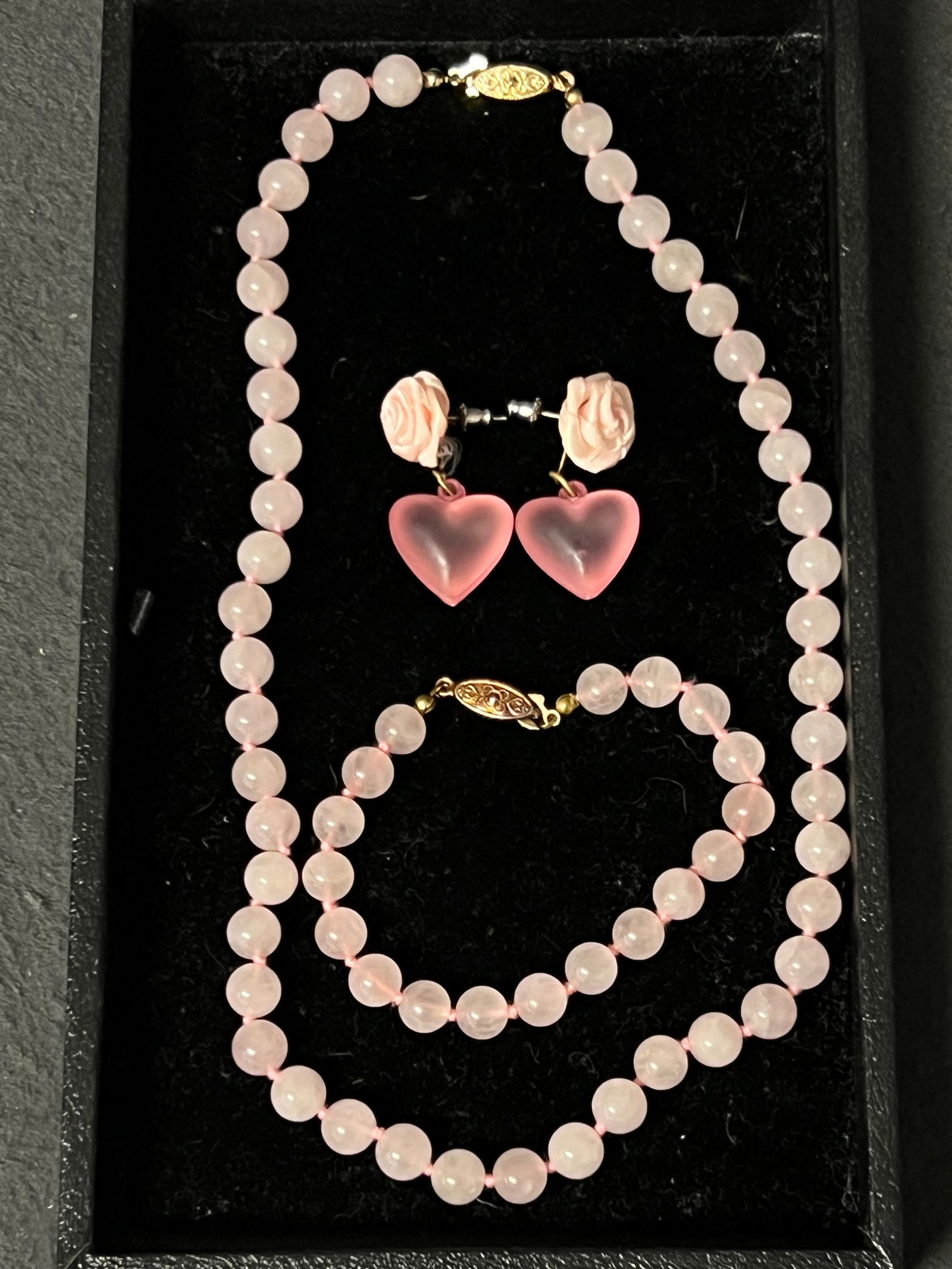Pink Jade Necklace & Bracelet, Earrings - 16'' Necklace, 7'' Bracelet, Heart Shaped Earrings (1 of 3)