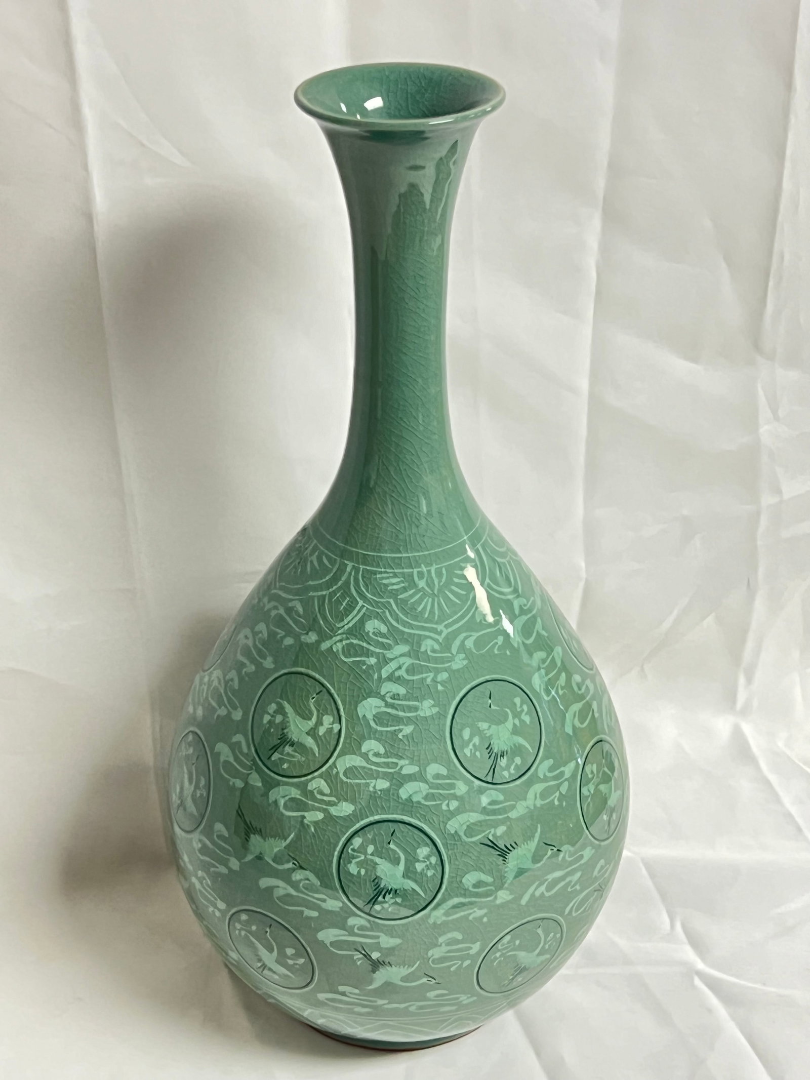 Japanese Vase w/ Crane Design, Hallmarked, 17''T: Japanese Vase w/ Crane Design, Hallmarked, 17''T