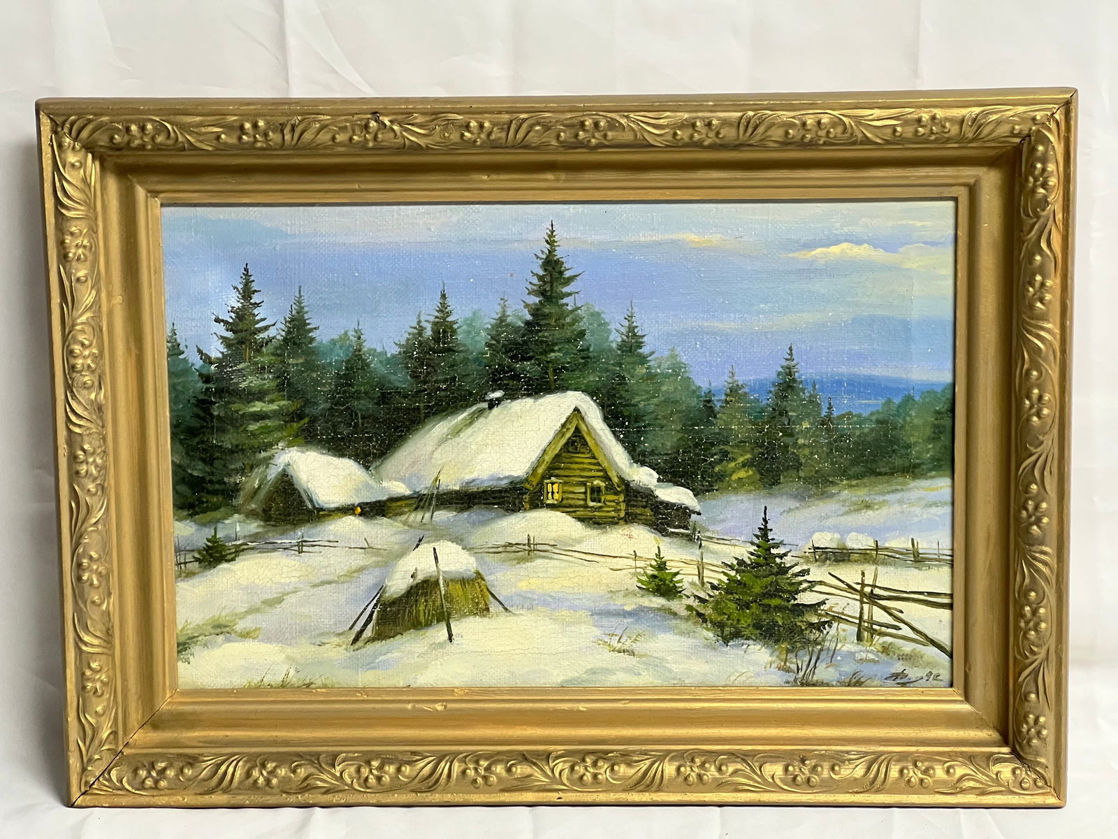 Signed Oil on Linen of Winter Cabin - Framed 21.5'' x 15'' , Sight 17.5'' x 11.5'': Signed Oil on Linen of Winter Cabin - Framed 21.5'' x 15'' , Sight 17.5'' x 11.5''