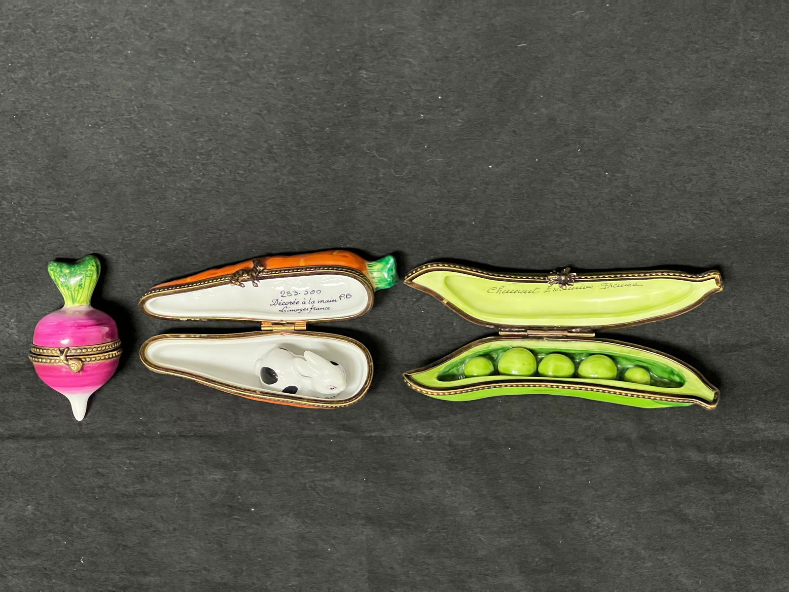 (3)Limoges Handpainted Trinket Boxes - Peas in a Pod w/ Bee Closure, Carrot w/ Rabbit & Rabbit (1 of 5)