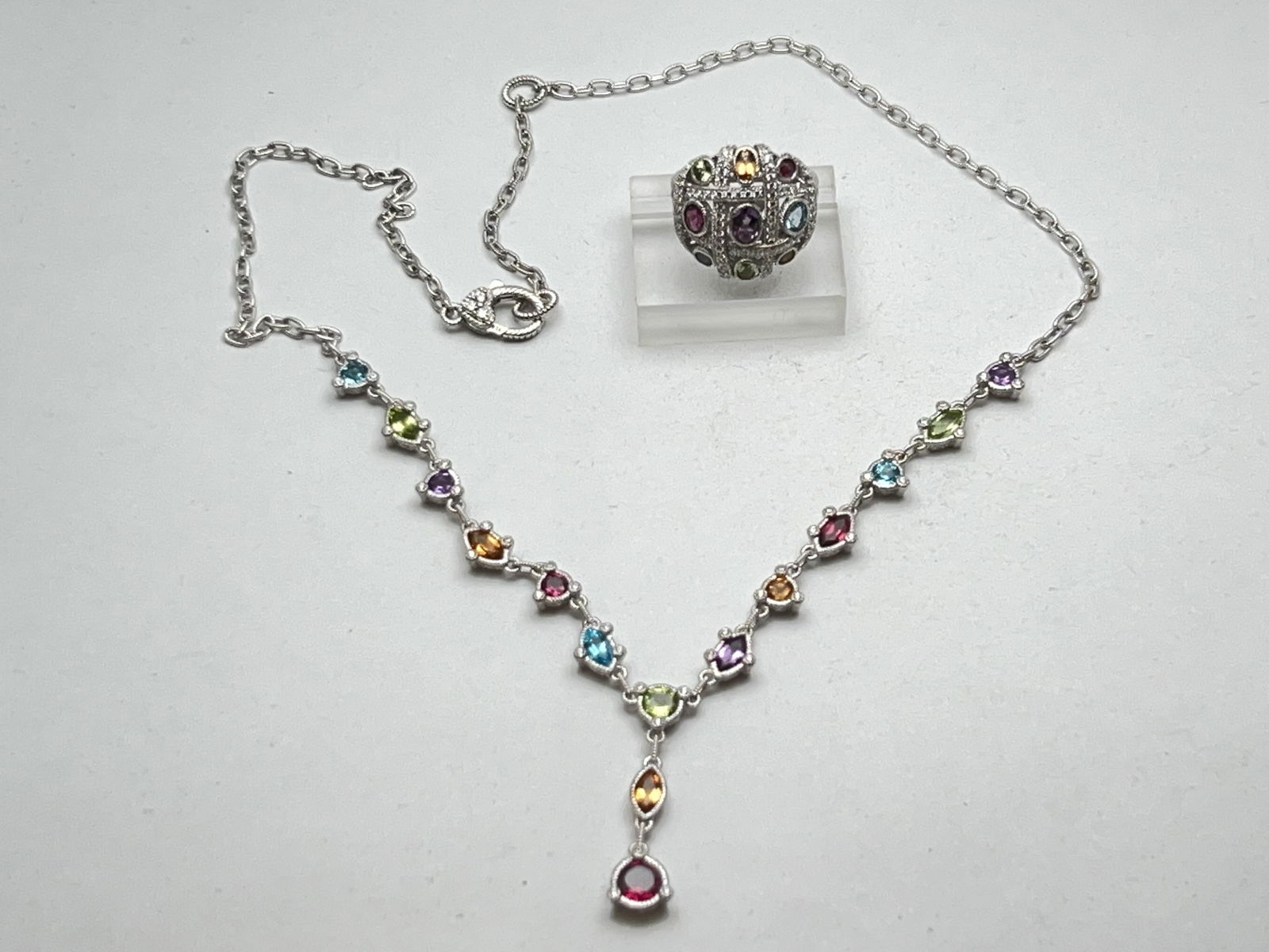 Judith Ripka Sterling Gemstone Necklace & Ring- 20'' Necklace w/ Topaz Citrine Amethyst Peridot + (1 of 9)