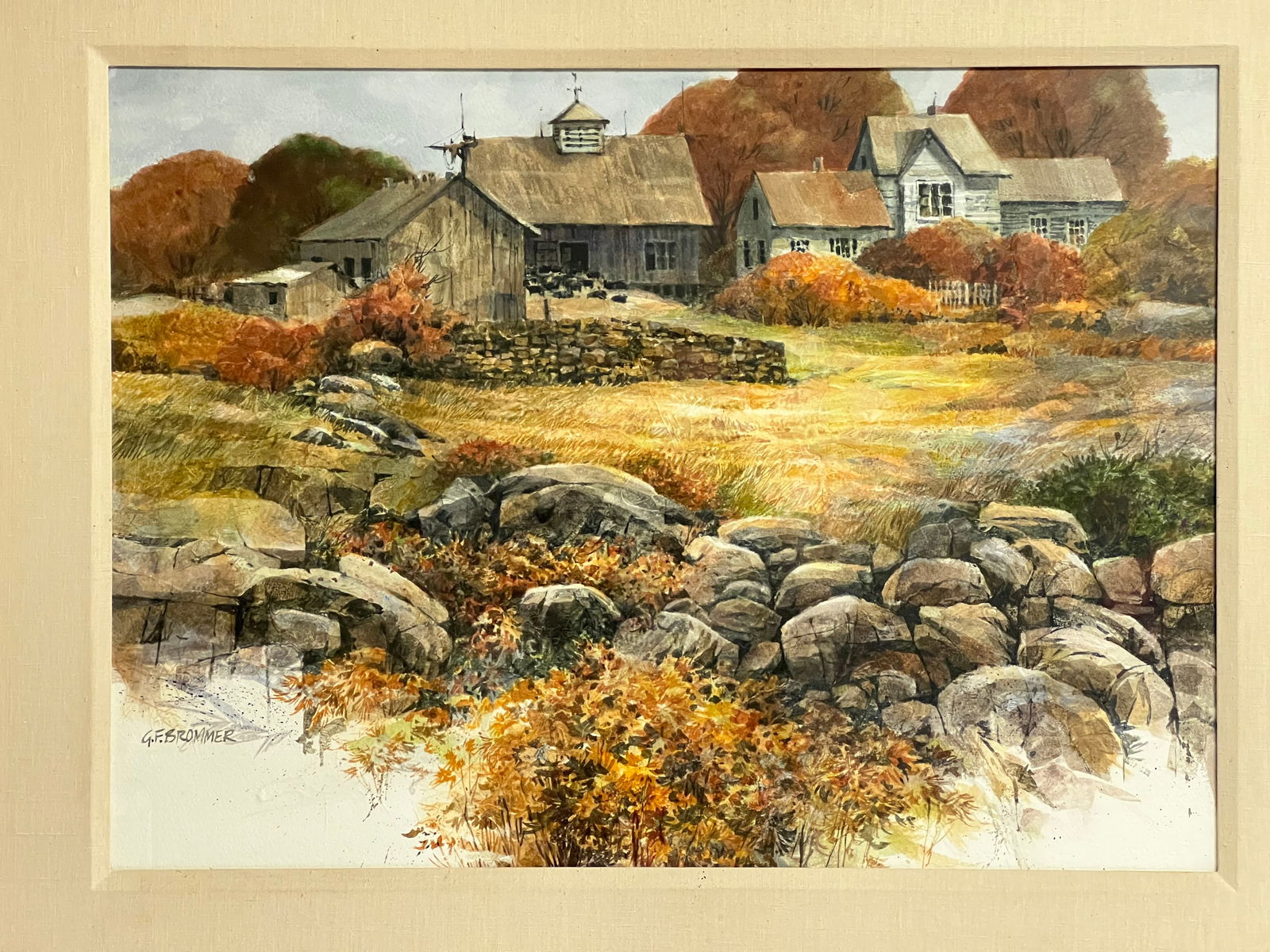 Gerald F. Brommer Watercolor on Collage Maine - ''Autumn Meadow in Maine'' , Has Information on Back: Gerald F. Brommer Watercolor on Collage Maine - ''Autumn Meadow in Maine'' , Has Information on Back - Framed 39.25'' x 31'' , Sight 22'' x 30''