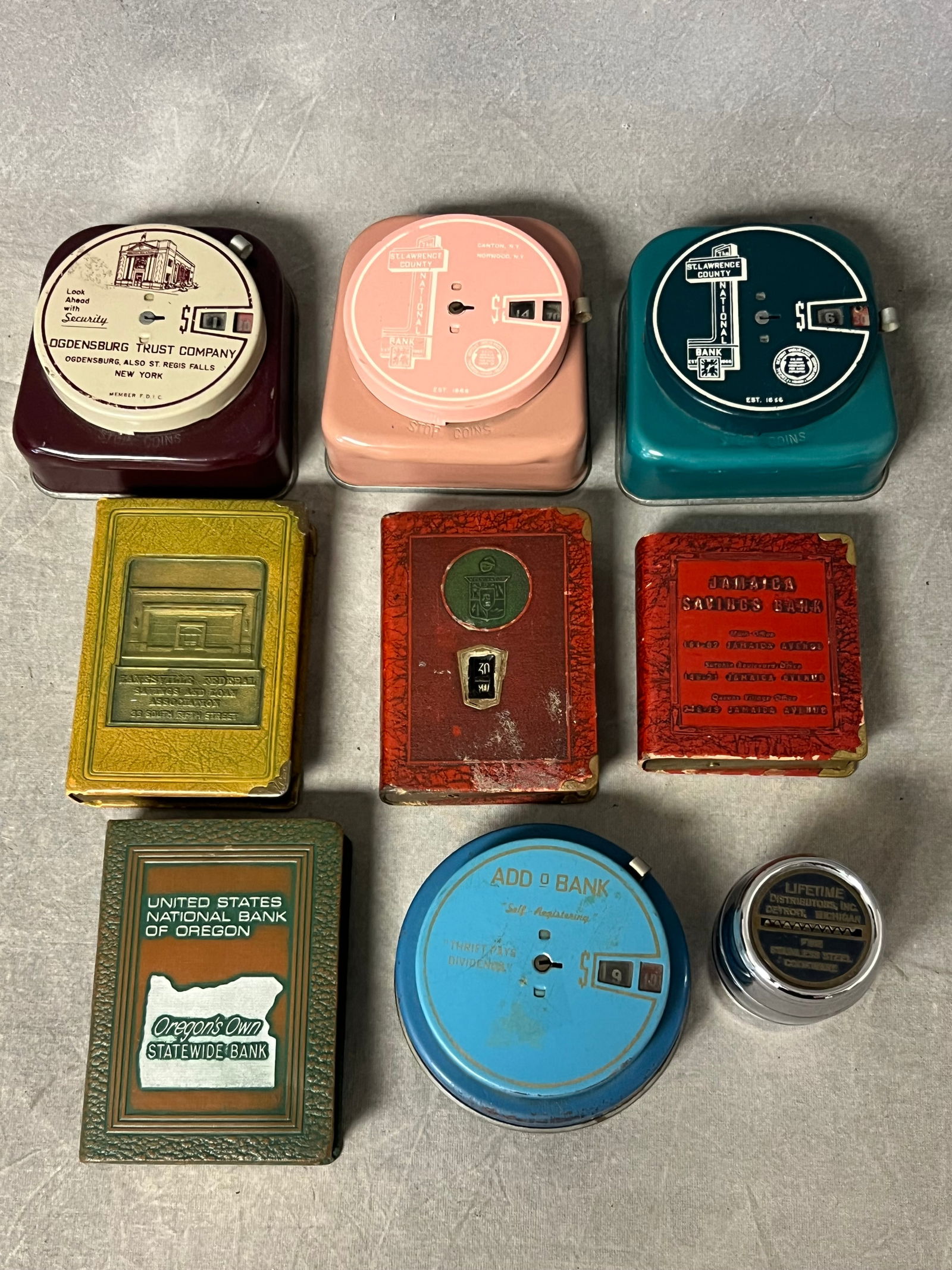 (9)Vintage Advertising Coin Banks - Metal Banks - St.Lawrence County, Ogdensburg Trust NY, Oregon & (1 of 6)