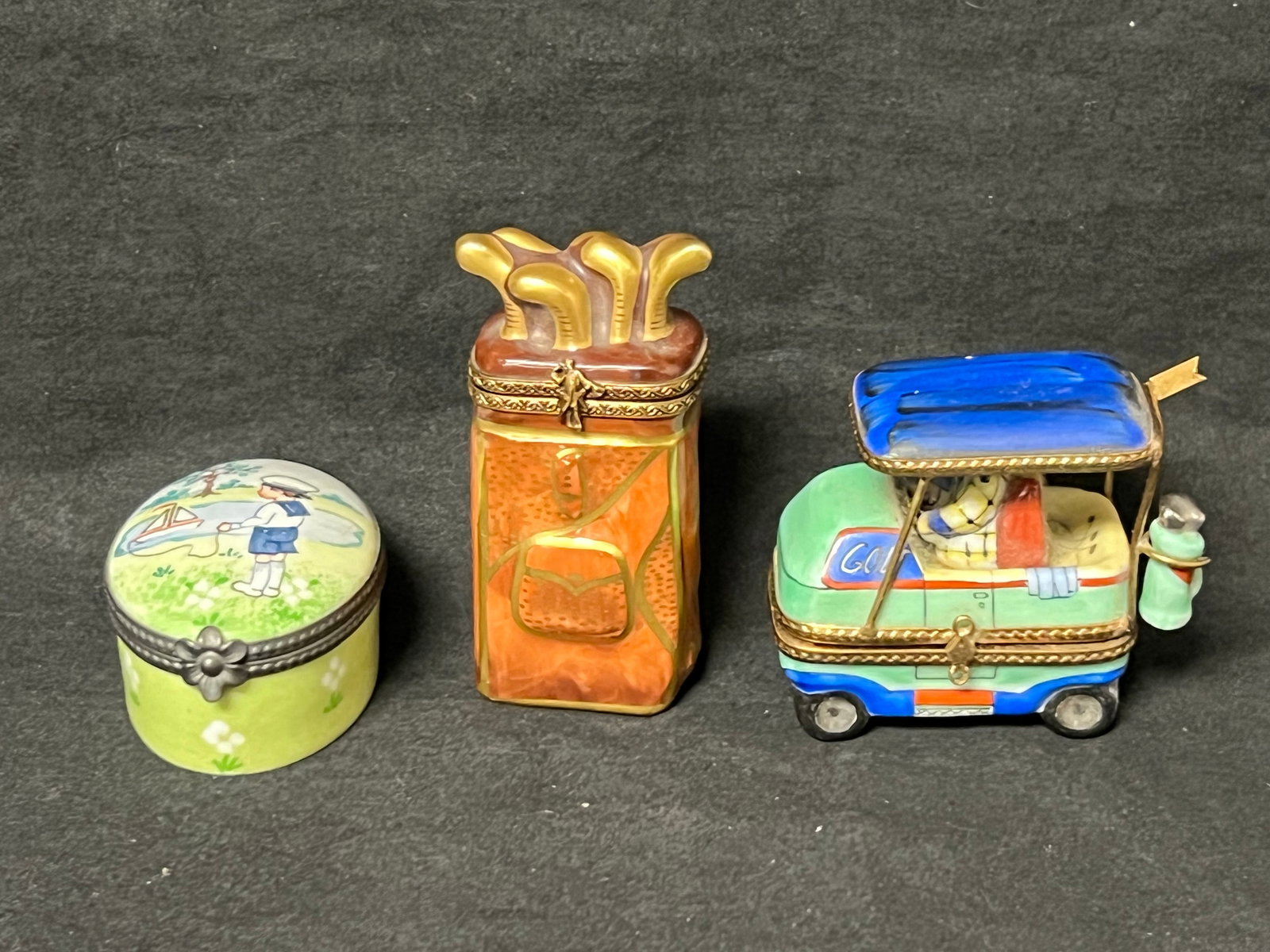 Limoges Handpainted Golf Themed Trinket Boxes - Golf Cart, Golf Clubs + Boy at Pond w/ Sailboat (1 of 6)
