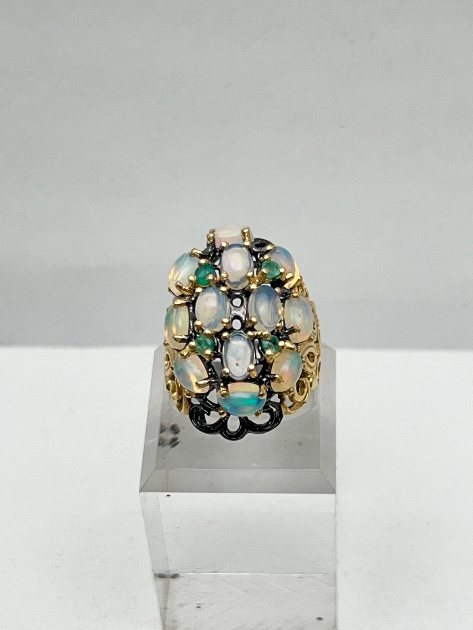 Sterling Opal Cluster Ring w/ 14K Gold, Sz 8 (1 of 6)