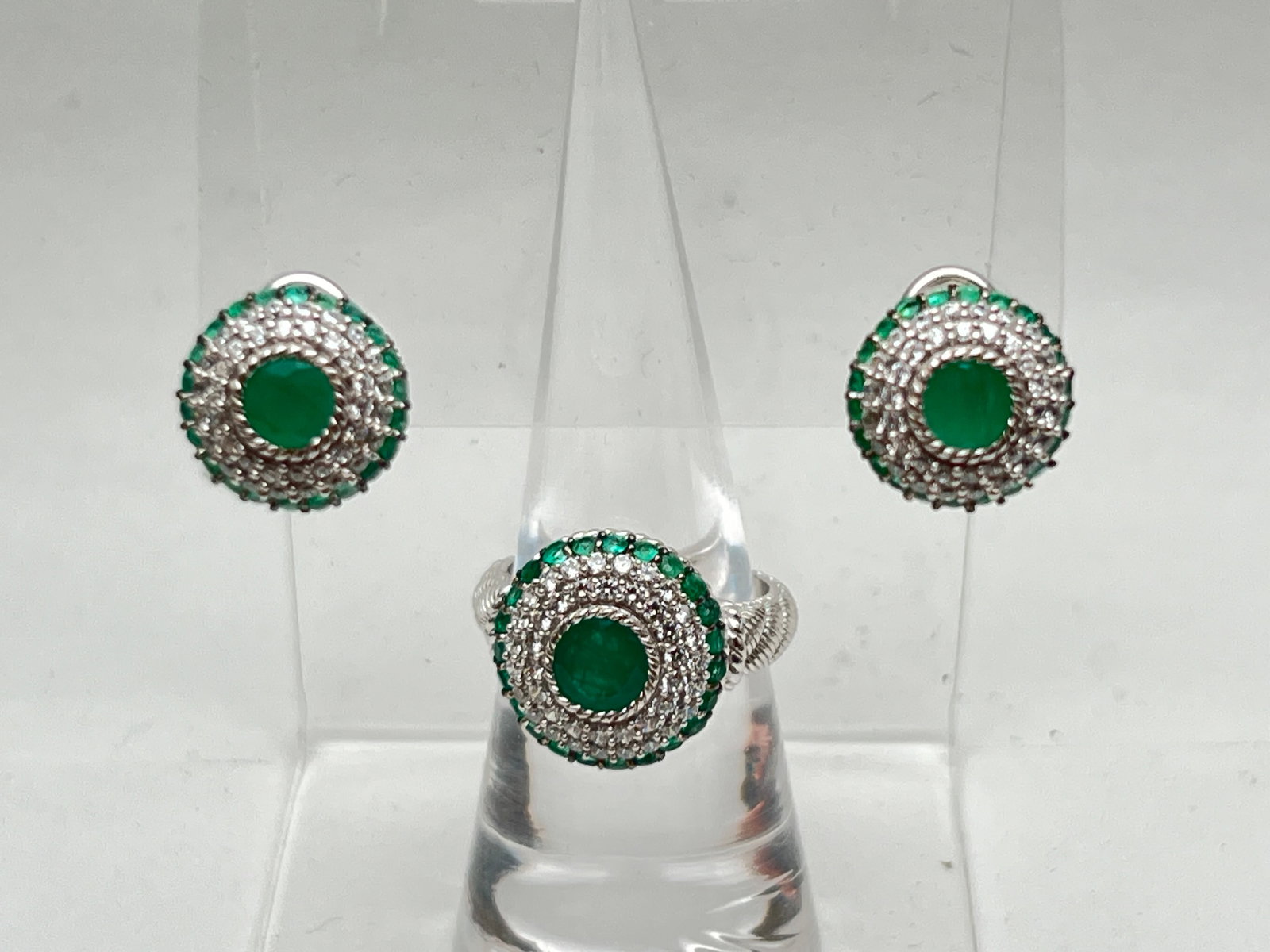 Judith Ripka Sterling Emerald Ring, Earrings - Sterling w/ Emerald & CZs, Ring Sz 7 , Pierced (1 of 5)