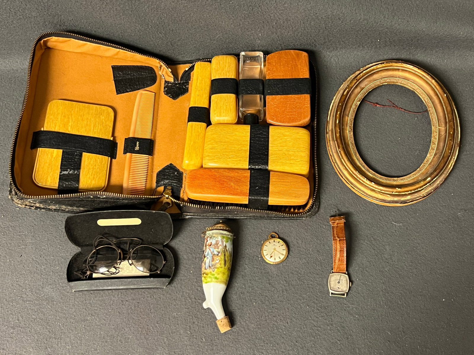 Atq/Vtg Porcelain Pipe, Specs,Watches, Rumpp Kit- Dugena Pocket Watch(Parts), Atq Oval Frame 8.25'' (1 of 10)