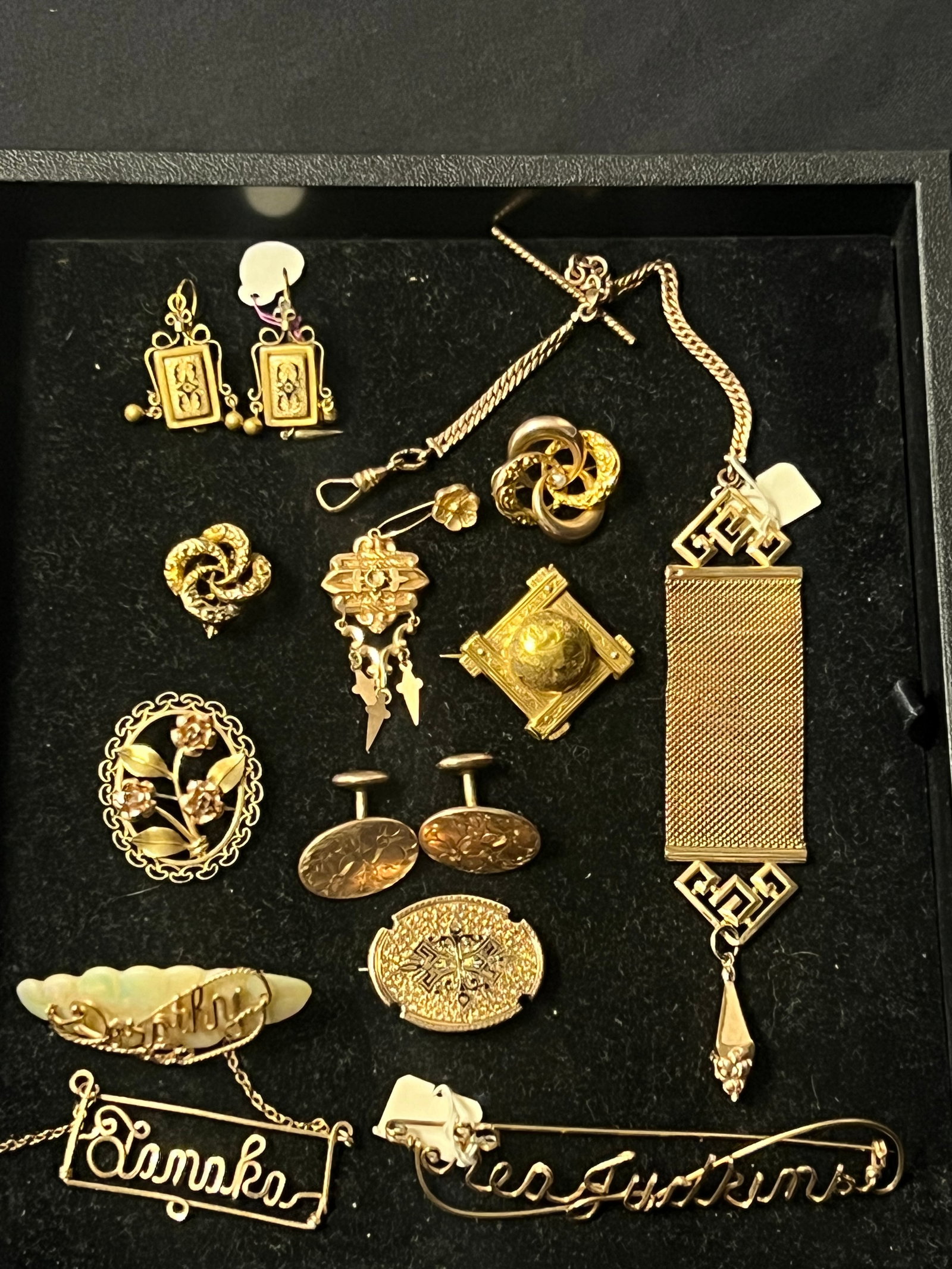 Victorian / Antique Gold Filled & Shell Jewelry - E.I.F. Co Cuff Links, Watch Fob, Pin / Brooches, (1 of 6)
