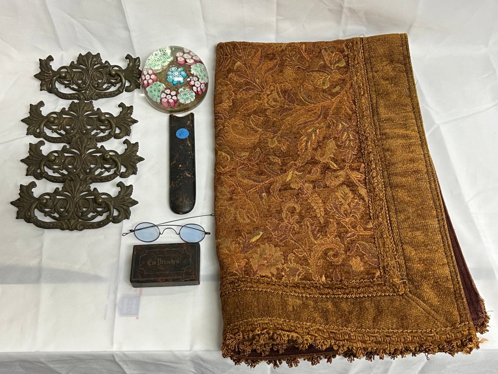 Tapestry, Hardware, Paper Mache Box,More- Tapestry 23'' x 38'' , Atq Hardware, Atq Specs Glasses w/: Tapestry, Hardware, Paper Mache Box,More- Tapestry 23'' x 38'' , Atq Hardware, Atq Specs Glasses w/ Case, Paper Mache Box, Millefiori Paperweight